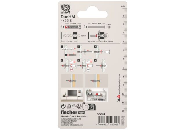 Packaging: "Üreges fém-nylon dübel DuoHM 4 x 55 S PH TX, D-fejű csavar, TX behajtás"