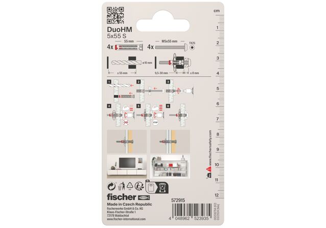 Packaging: "Üreges fém-nylon dübel DuoHM 5 x 55 S PH TX, D-fejű csavar, TX behajtás"