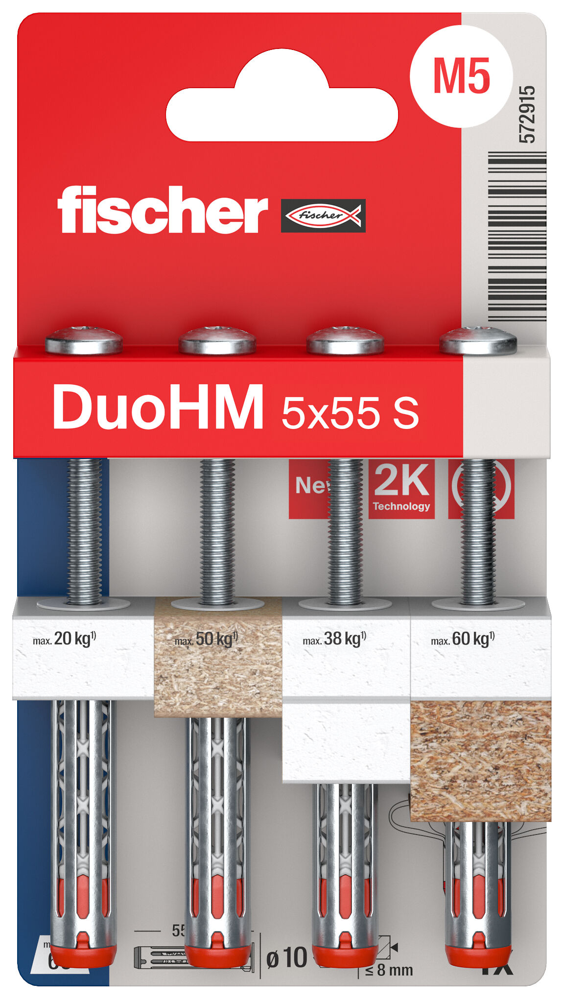 Verpackung: "fischer Hohlraumdübel DuoHM 5 x 55 S PH TX, Panhead-Schraube, TX-Antrieb"