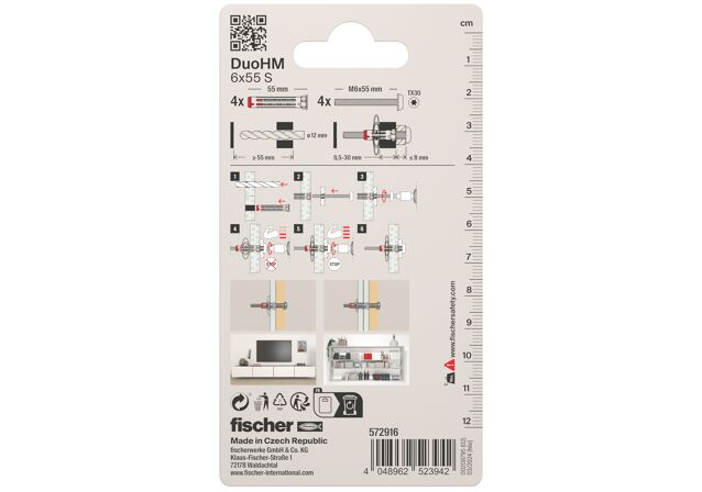 Packaging: "Üreges fém-nylon dübel DuoHM 6 x 55 S PH TX, D-fejű csavar, TX behajtás"
