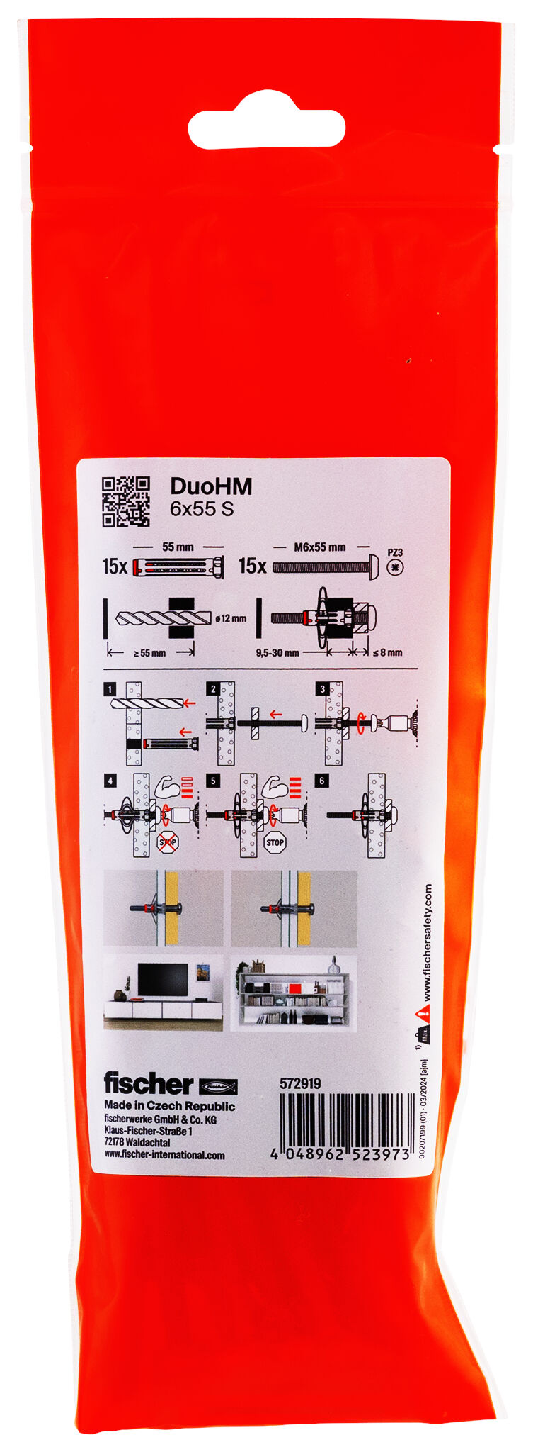 Packaging: "fischer cavity fixing DuoHM 6 x 55 S PH PZ B, pan head screw, PZ-drive"