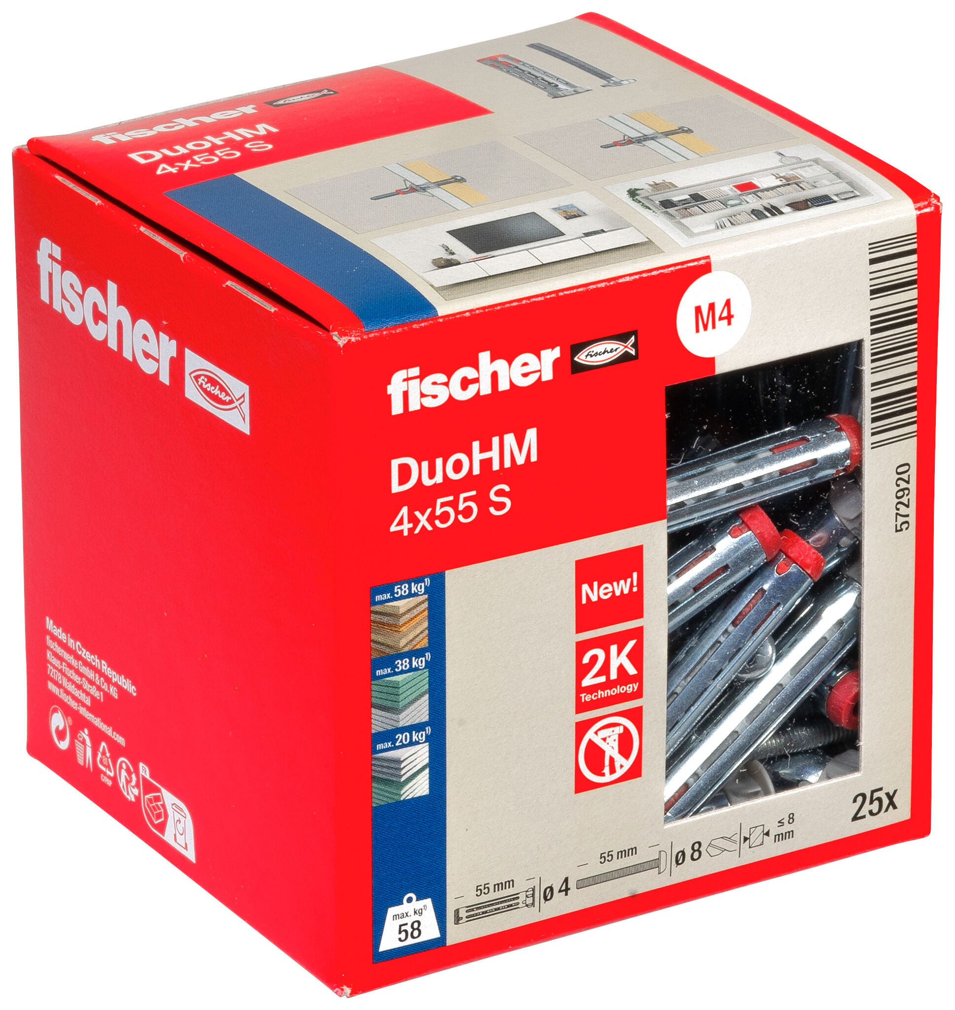 Packaging: "fischer cavity fixing DuoHM 4 x 55 S PH PZ, pan head screw, PZ-drive"