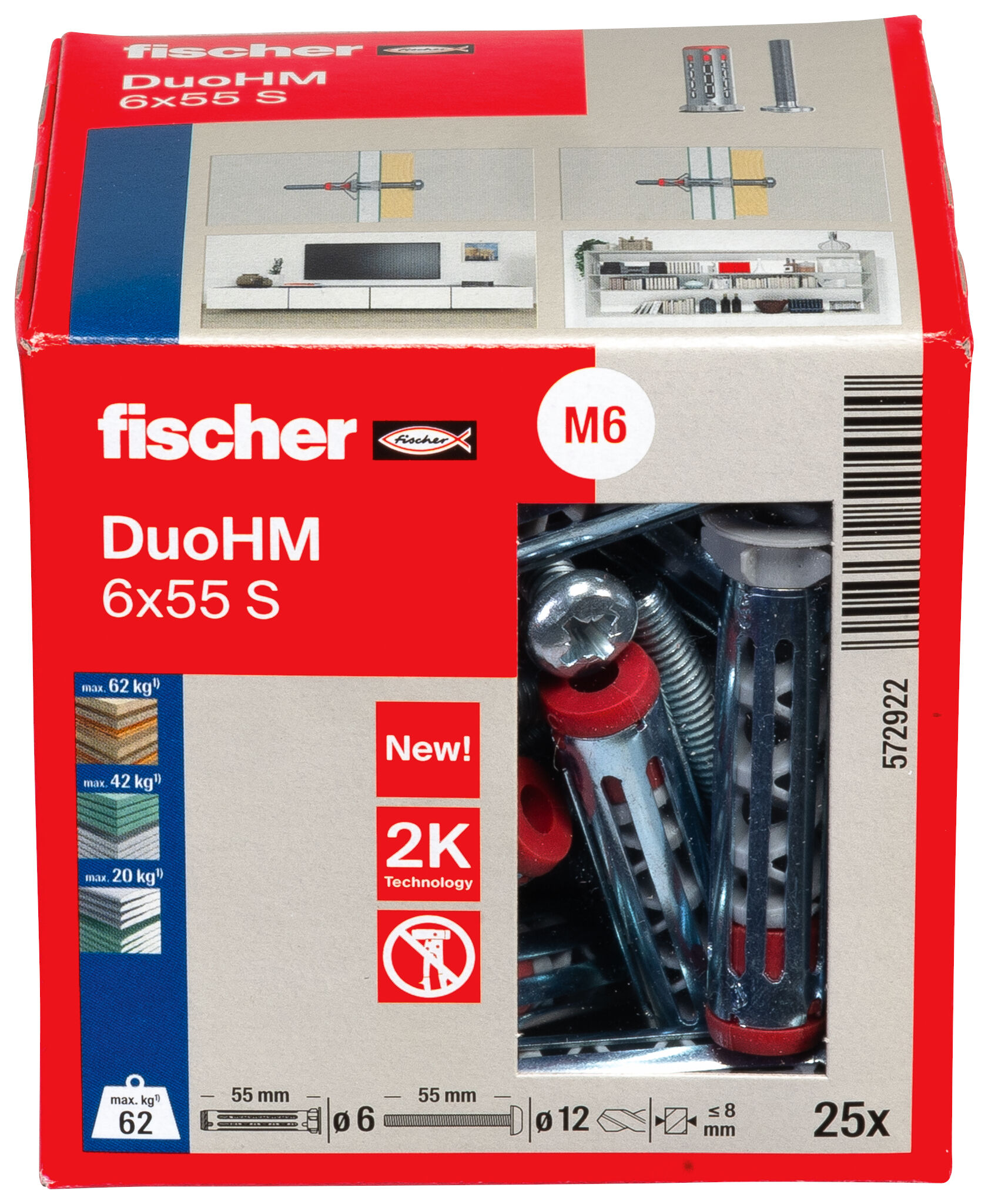 Packaging: "fischer cavity fixing DuoHM 6 x 55 S PH PZ, pan head screw, PZ-drive"