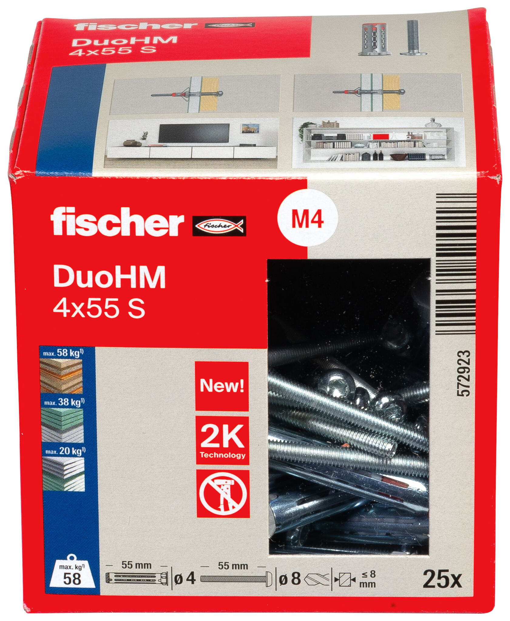 Verpackung: "fischer Hohlraumdübel DuoHM 4 x 55 S PH TX, Panhead-Schraube, TX-Antrieb"