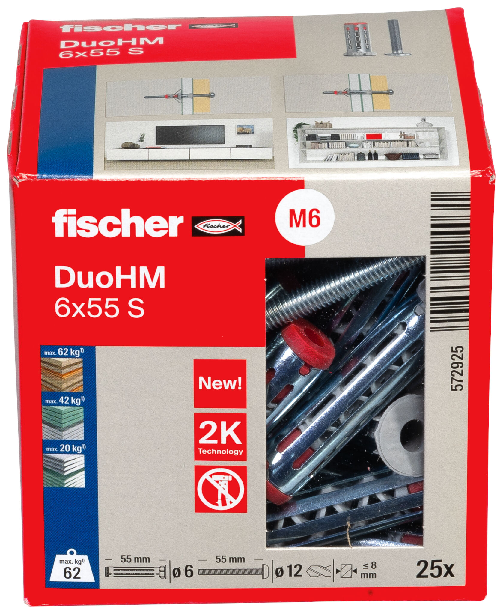 Packaging: "fischer cavity fixing DuoHM 6 x 55 S PH TX, pan head screw, TX-drive"