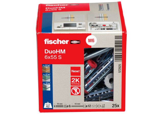 Packaging: "Üreges fém-nylon dübel DuoHM 6 x 55 S PH TX, D-fejű csavar, TX behajtás"