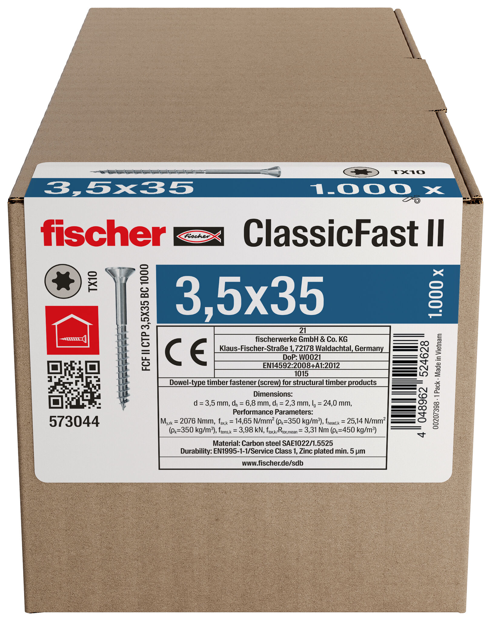 Packaging: "fischer chipboard screw ClassicFast FCF II CTP 3.5 x 35 BC 1000 with countersunk head, TX recess drive and partial thread"