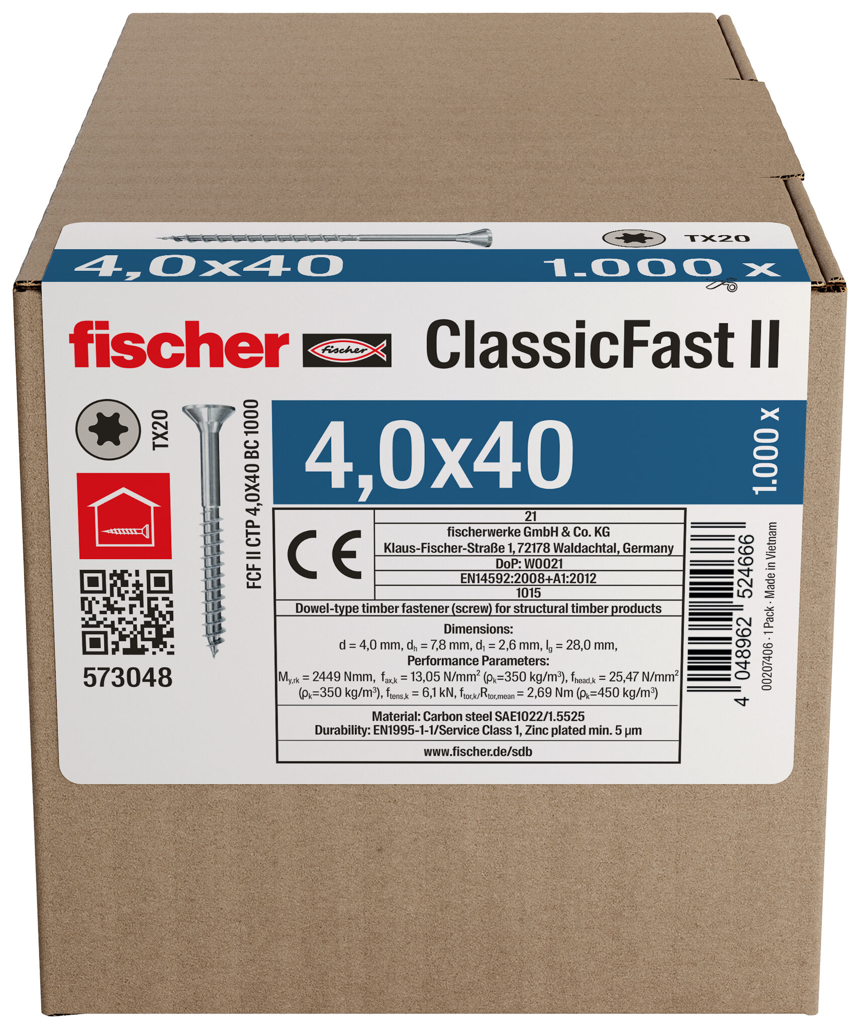 Packaging: "fischer chipboard screw ClassicFast FCF II CTP 4.0 x 40 BC 1000 with countersunk head, TX recess drive and partial thread"