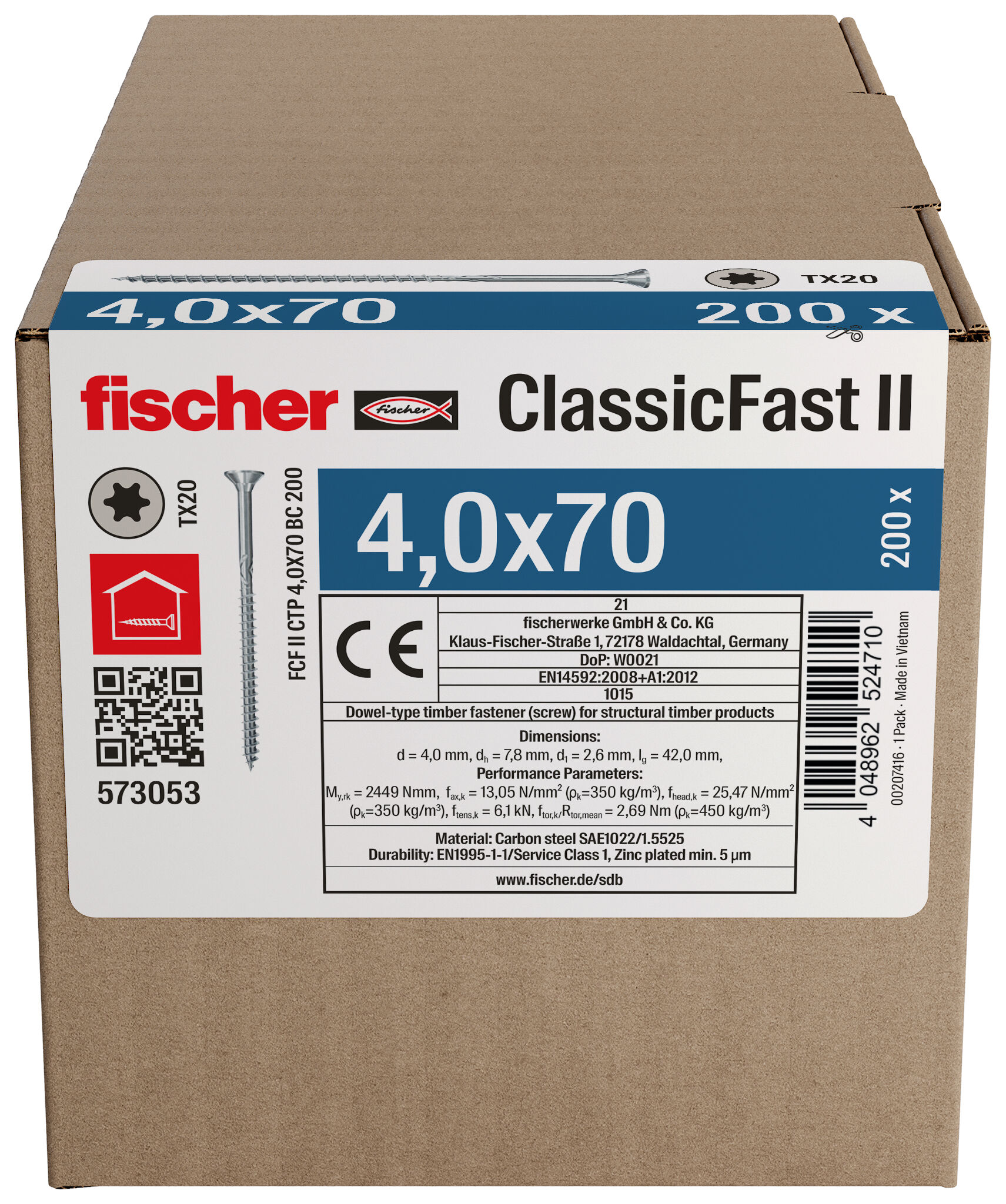 Packaging: "fischer chipboard screw ClassicFast FCF II CTP 4.0 x 70 BC 200 with countersunk head, TX recess drive and partial thread"