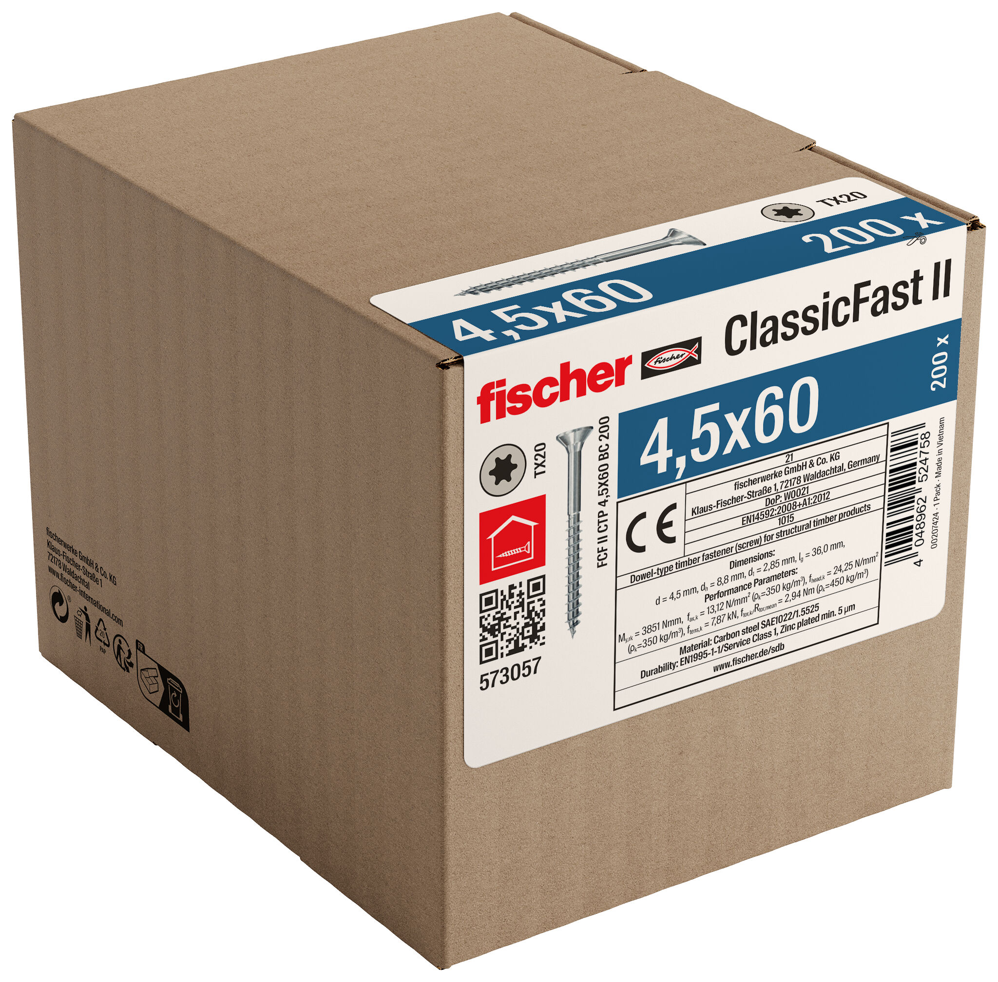 Packaging: "fischer chipboard screw ClassicFast FCF II CTP 4.5 x 60 BC 200 with countersunk head, TX recess drive and partial thread"