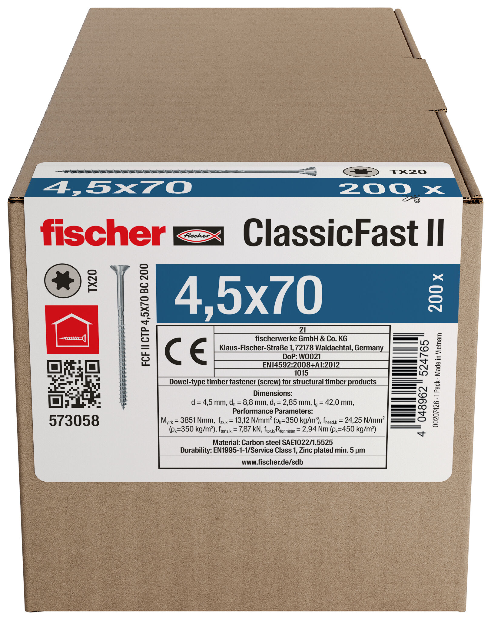 Packaging: "Ημίπαση νοβοπανόβιδα fischer FCF II CTP 4,5x70 Η/Γ 200 με φρεζάτο κεφάλι με υποδοχή αστέρι TX (torx)"