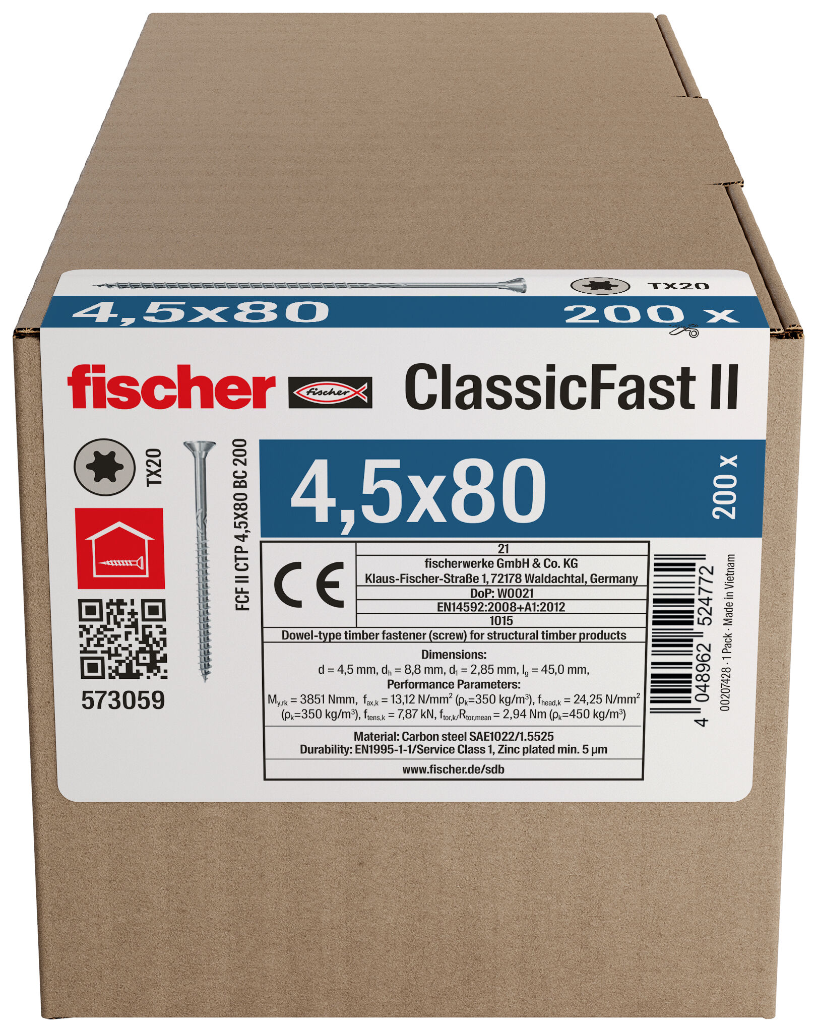 Packaging: "fischer chipboard screw ClassicFast FCF II CTP 4.5 x 80 BC 200 with countersunk head, TX recess drive and partial thread"