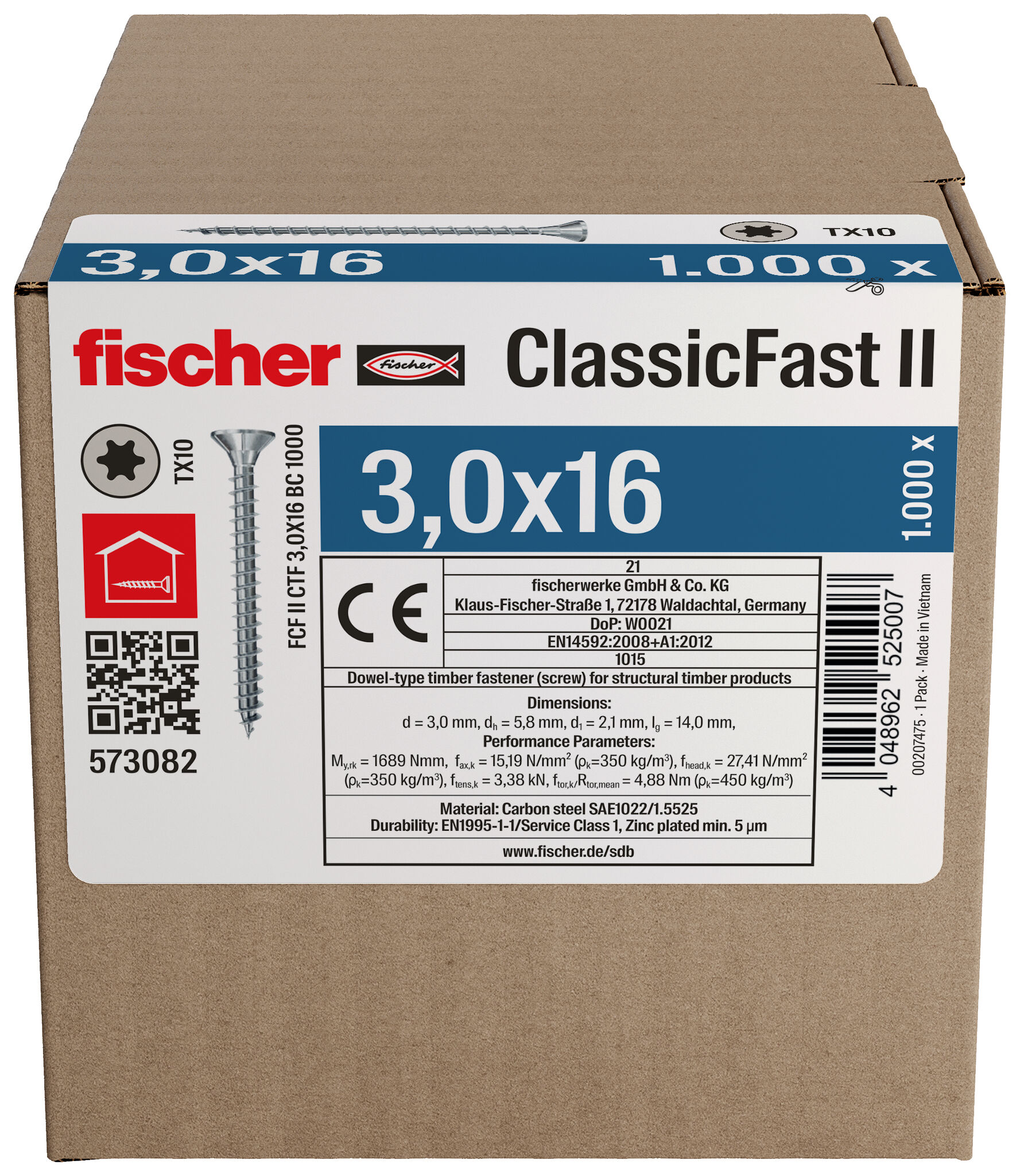 Packaging: "Ολόπαση νοβοπανόβιδα fischer ClassicFast FCF II CTF 3,0x16 Η/Γ 1000 με φρεζάτο κεφάλι με υποδοχή αστέρι Tx (torx)"