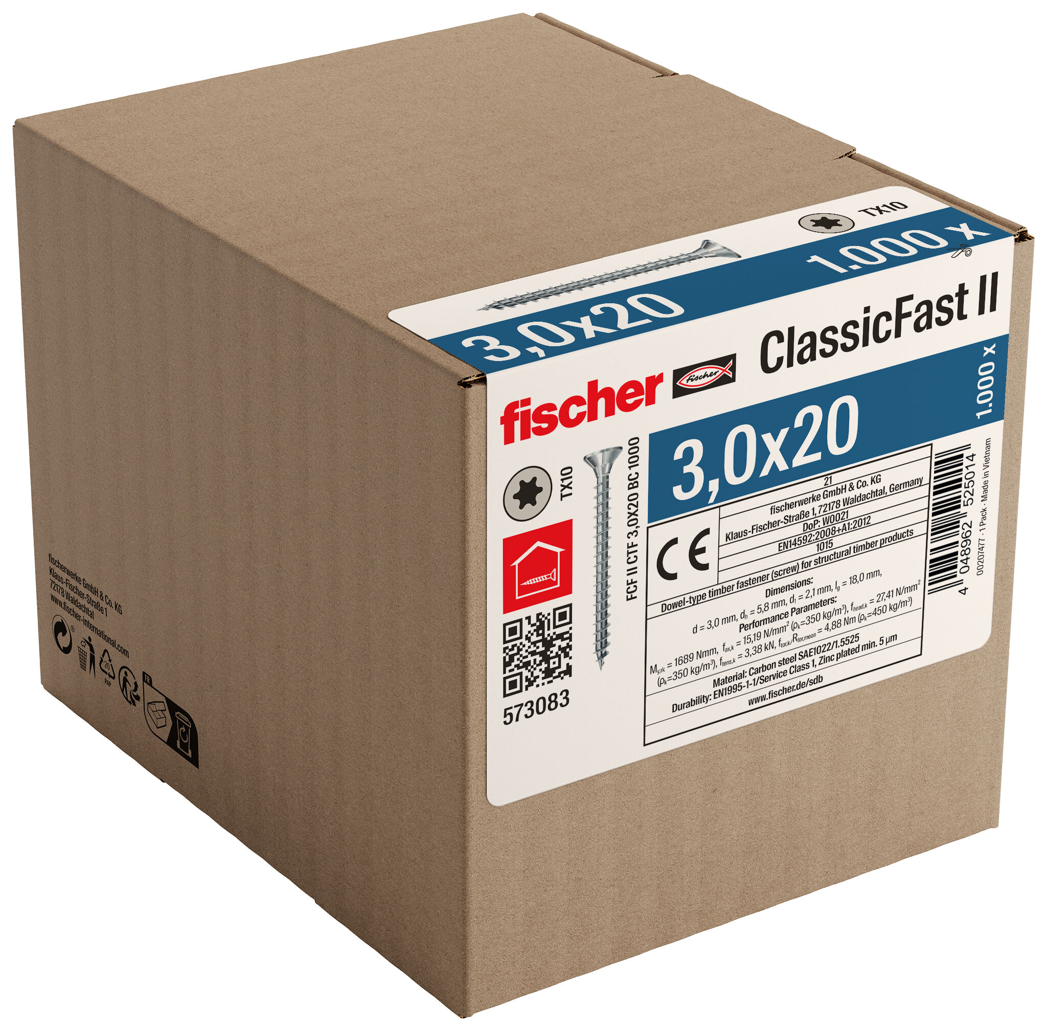 Packaging: "Ολόπαση νοβοπανόβιδα fischer ClassicFast FCF II CTF 3,0x20 Η/Γ 1000 με φρεζάτο κεφάλι με υποδοχή αστέρι Tx (torx)"