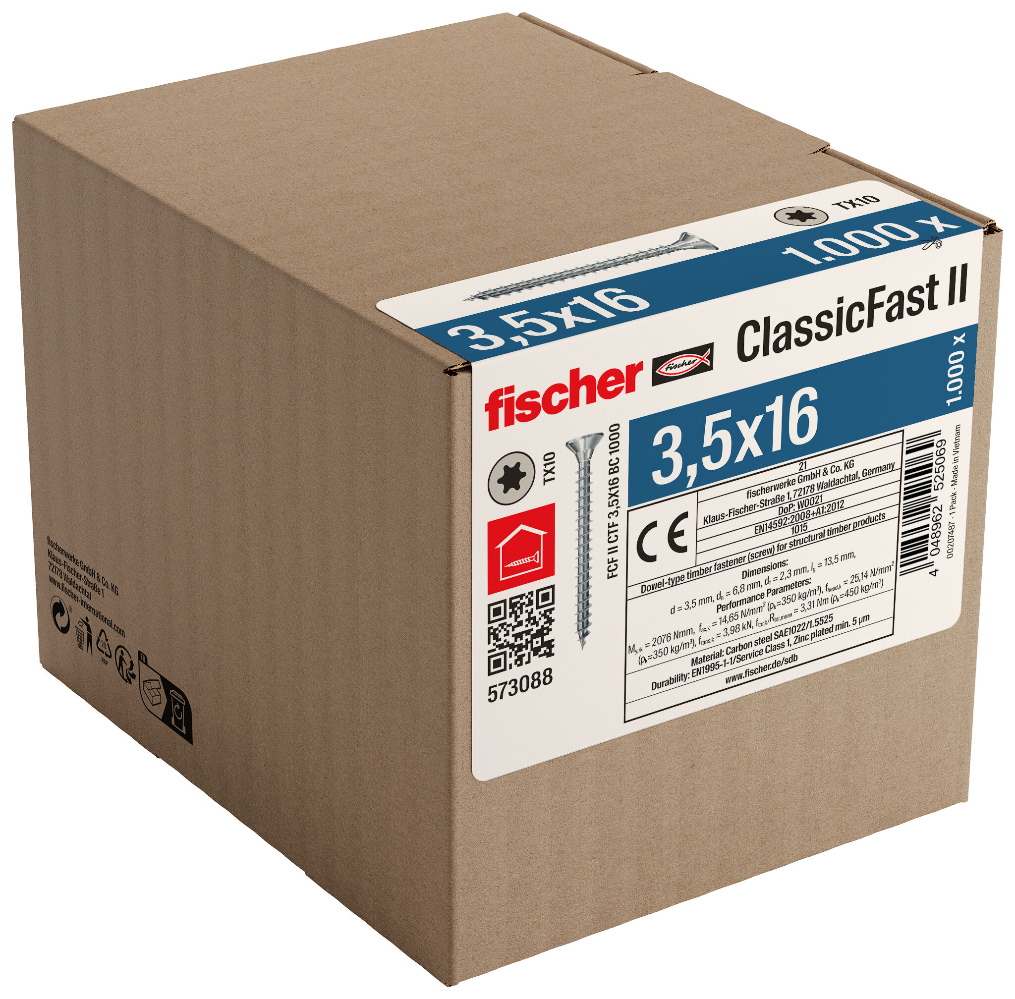 Packaging: "Ολόπαση νοβοπανόβιδα fischer ClassicFast FCF II CTF 3,5x16 Η/Γ 1000 με φρεζάτο κεφάλι με υποδοχή αστέρι Tx (torx)"