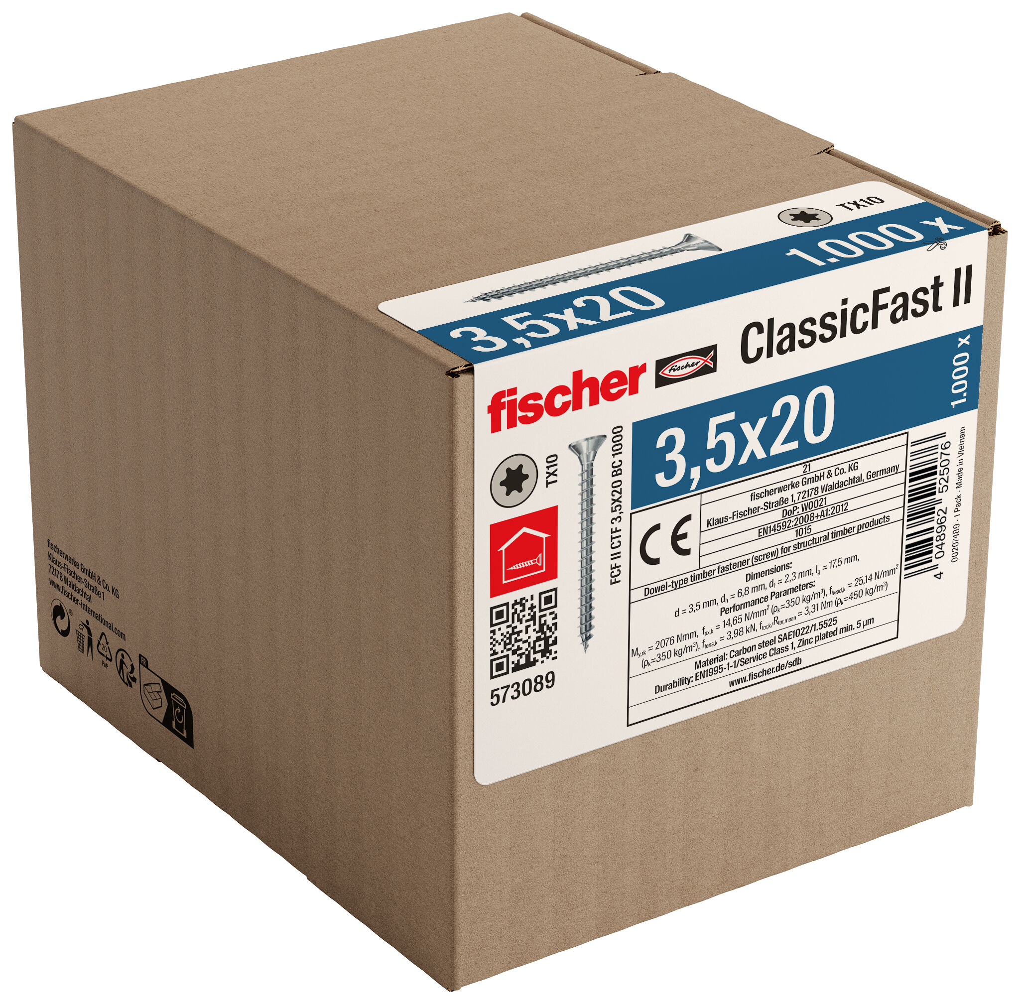 Packaging: "Ολόπαση νοβοπανόβιδα fischer ClassicFast FCF II CTF 3,5x20 Η/Γ 1000 με φρεζάτο κεφάλι με υποδοχή αστέρι Tx (torx)"