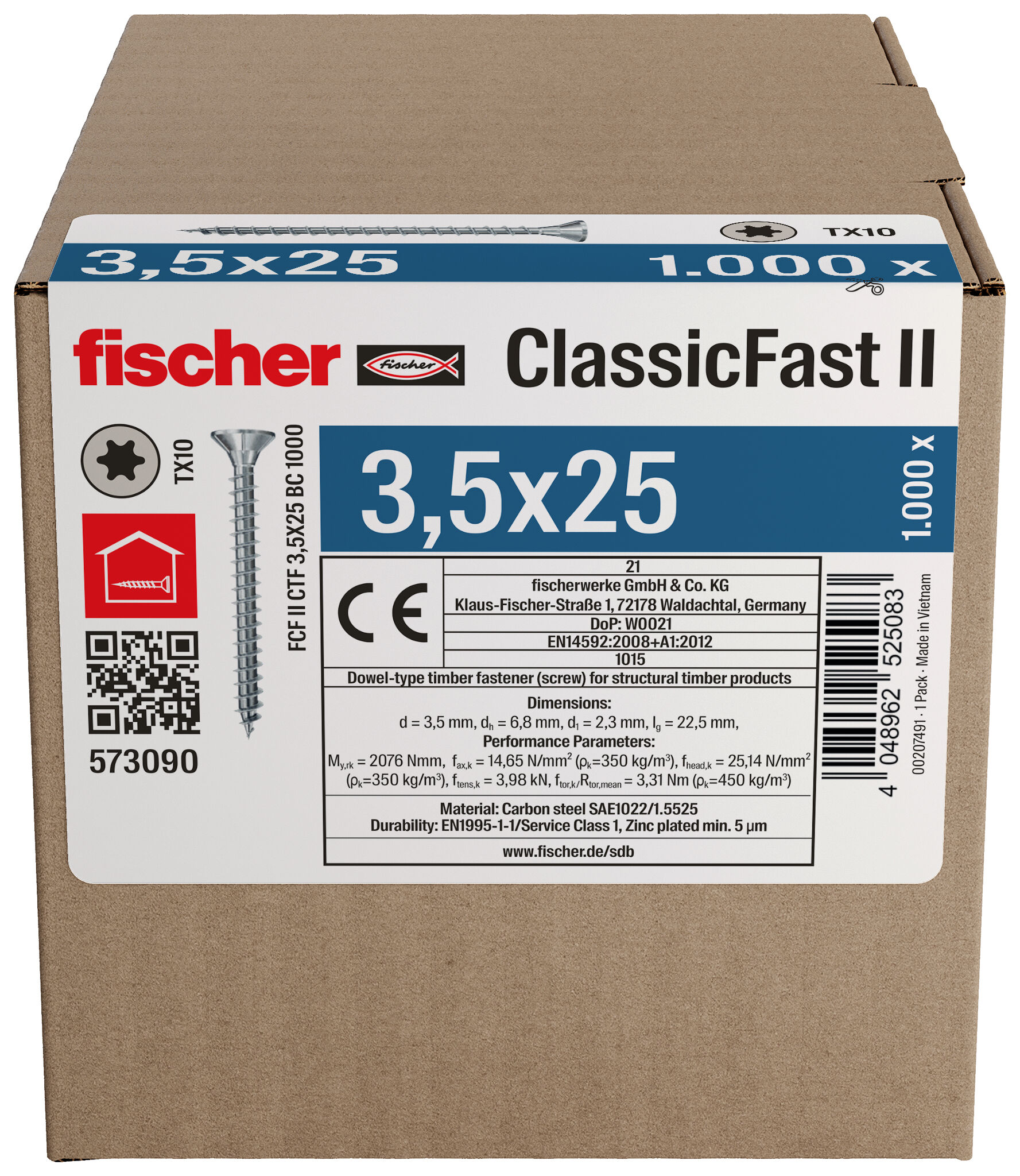 Packaging: "Ολόπαση νοβοπανόβιδα fischer ClassicFast FCF II CTF 3,5x25 Η/Γ 1000 με φρεζάτο κεφάλι με υποδοχή αστέρι Tx (torx)"