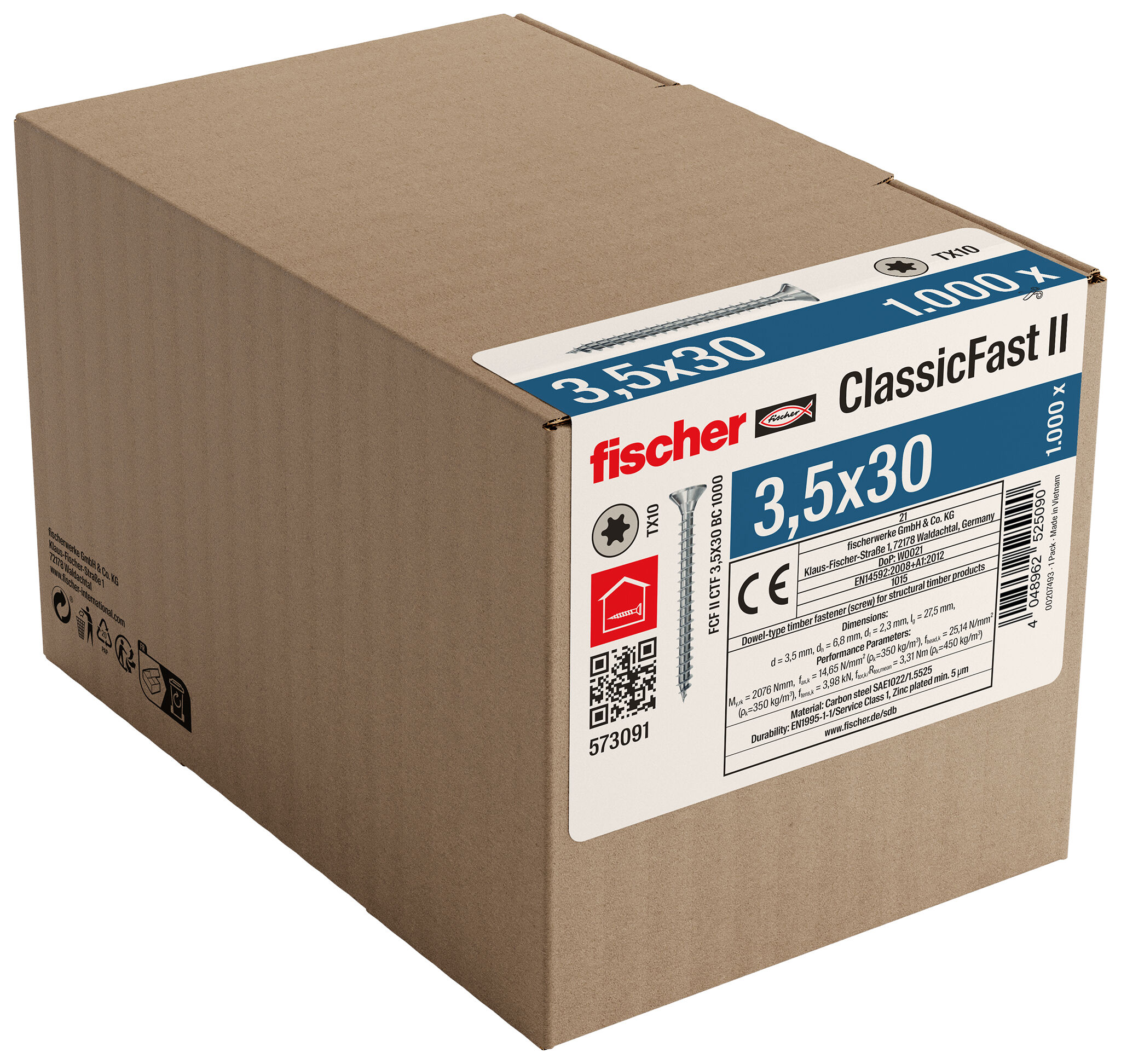 Packaging: "Ολόπαση νοβοπανόβιδα fischer ClassicFast FCF II CTF 3,5x30 Η/Γ 1000 με φρεζάτο κεφάλι με υποδοχή αστέρι Tx (torx)"