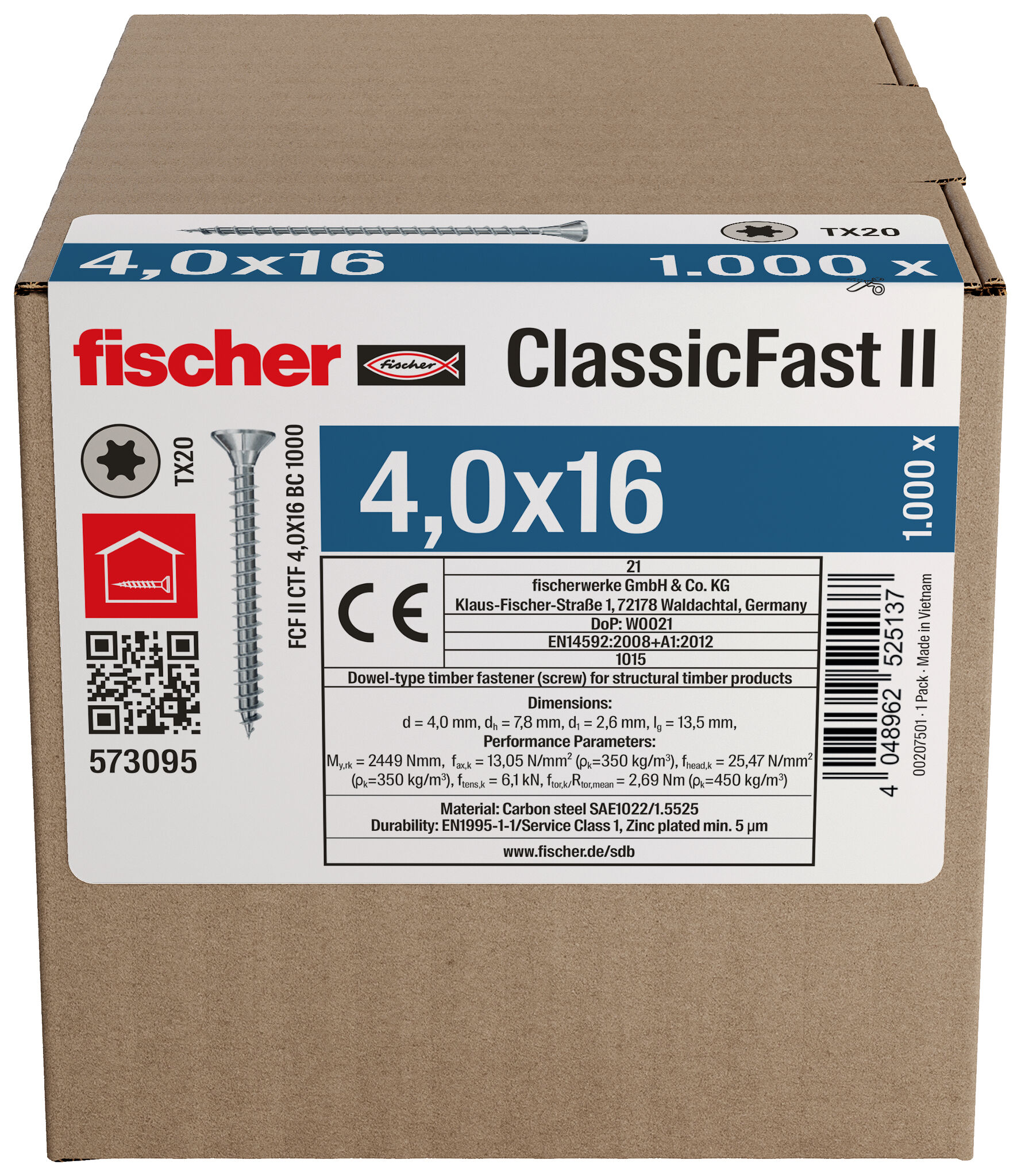 Packaging: "Ολόπαση νοβοπανόβιδα fischer ClassicFast FCF II CTF 4,0x16 Η/Γ 1000 με φρεζάτο κεφάλι με υποδοχή αστέρι Tx (torx)"