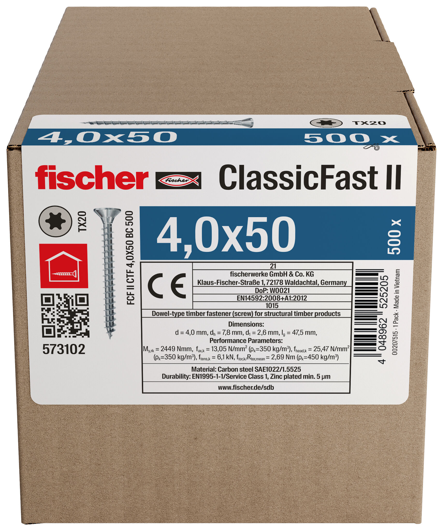 Packaging: "Ολόπαση νοβοπανόβιδα fischer ClassicFast FCF II CTF 4,0x50 Η/Γ 1000 με φρεζάτο κεφάλι με υποδοχή αστέρι Tx (torx)"
