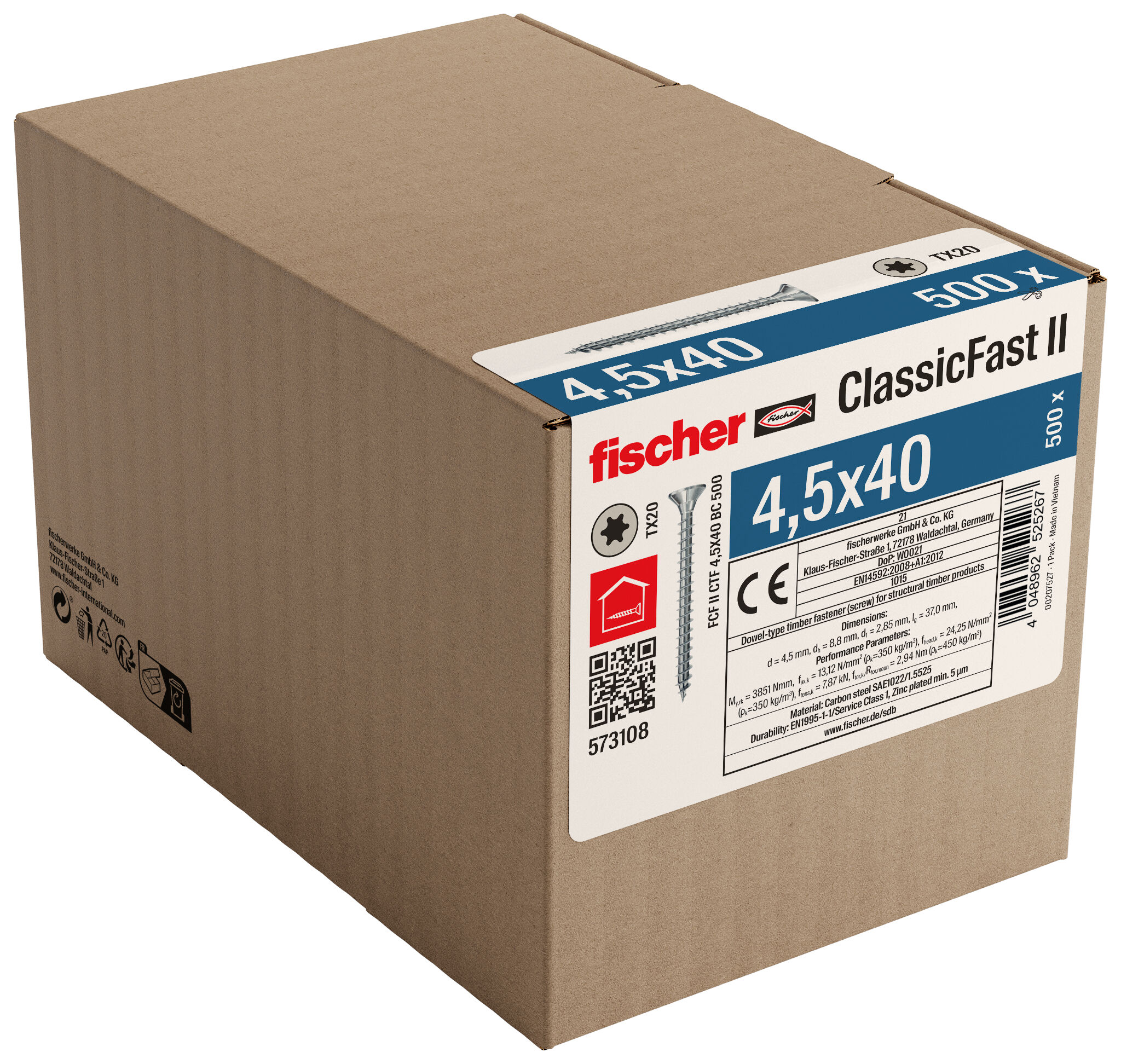 Packaging: "fischer chipboard screw ClassicFast FCF II CTF 4.5 x 40 BC 500 with countersunk head, TX recess drive and full thread"