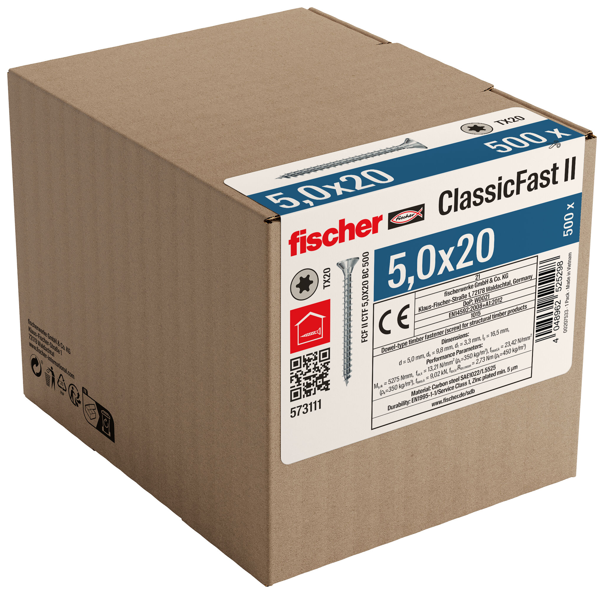 Packaging: "fischer chipboard screw ClassicFast FPF II CTF 5.0 x 20 BC 500, countersunk head, TX drive, full thread, blue passivated, zinc plating, 500 pieces"