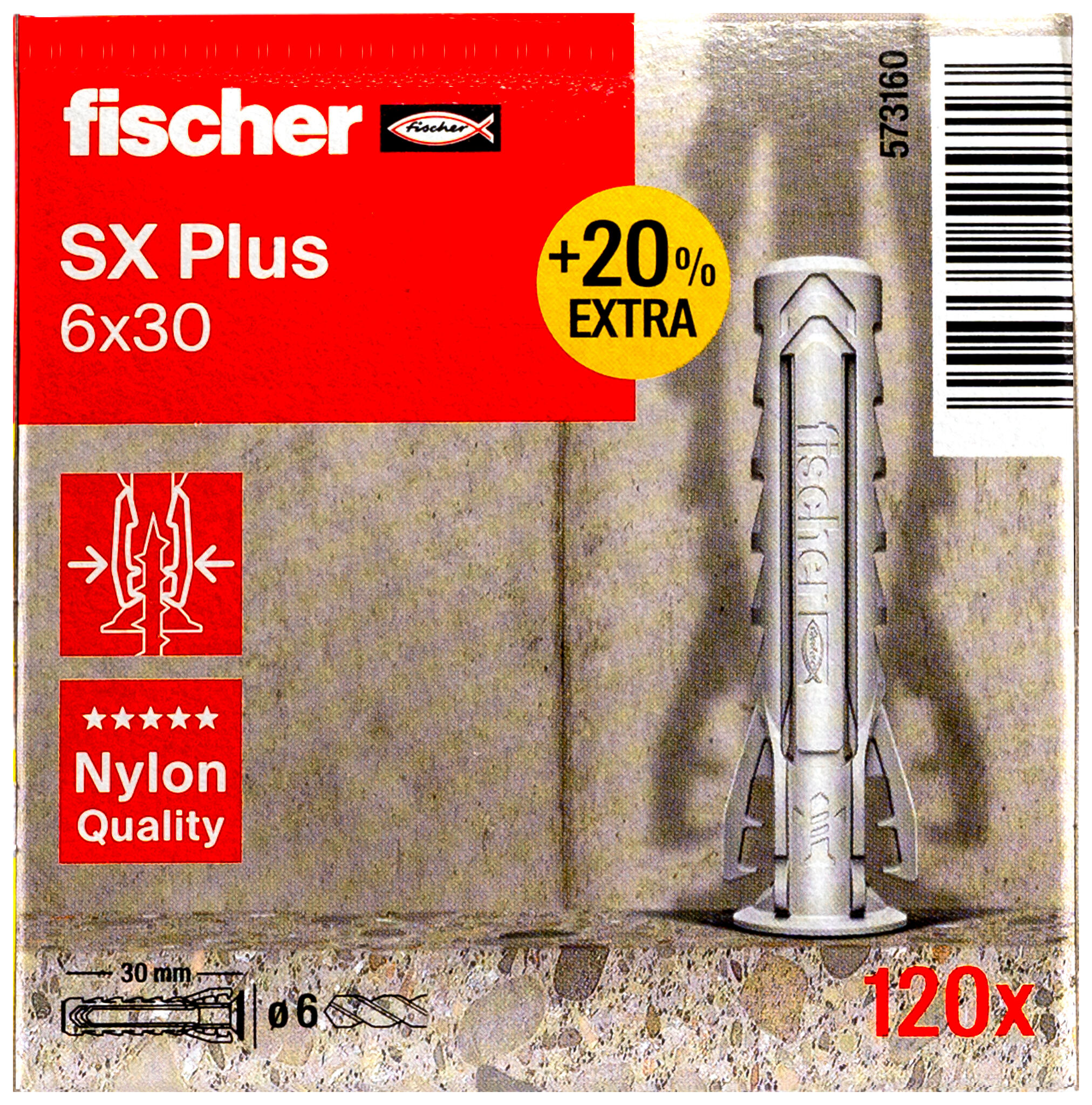 Verpackung: "fischer Spreizdübel SX Plus 6 x 30 + 20%"