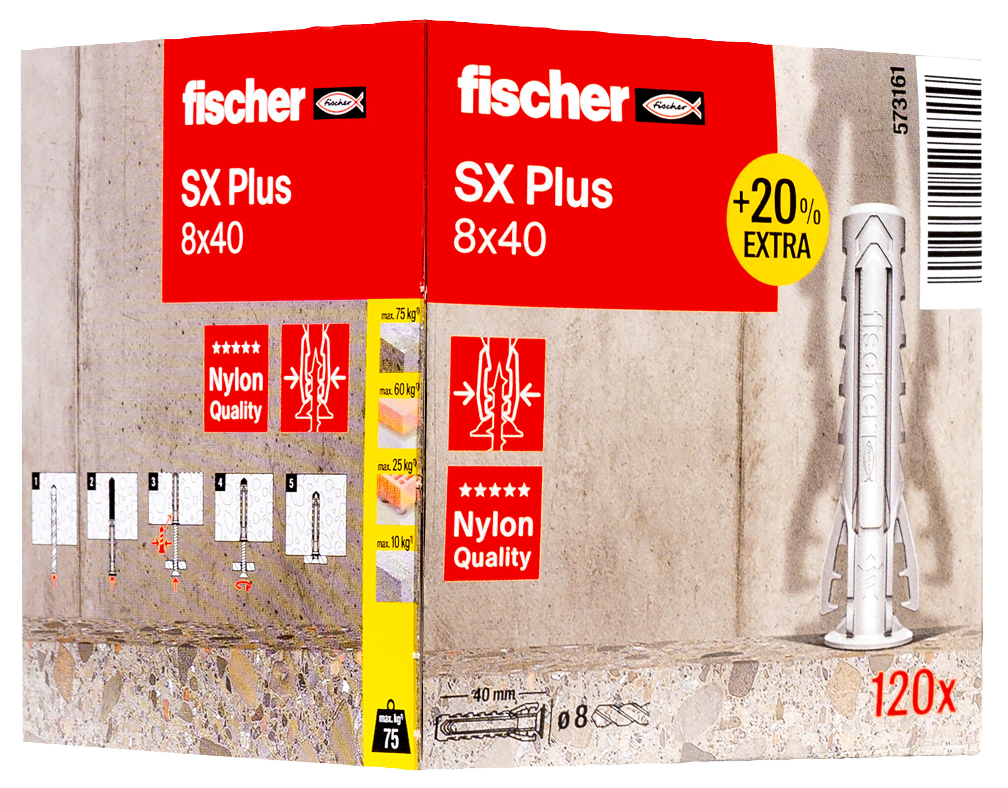 Verpackung: "fischer Spreizdübel SX Plus 8 x 40 + 20%"