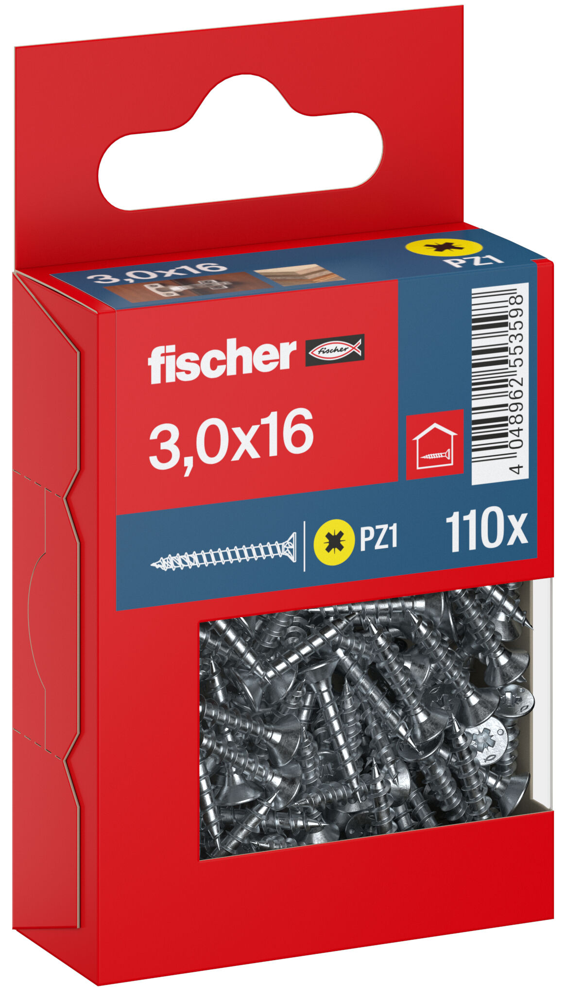 Packaging: "fischer chipboard screw PowerFast FPF II CZF 3.0 x 16 BC 110, countersunk head, cross drive PZ, full thread, blue passivated"