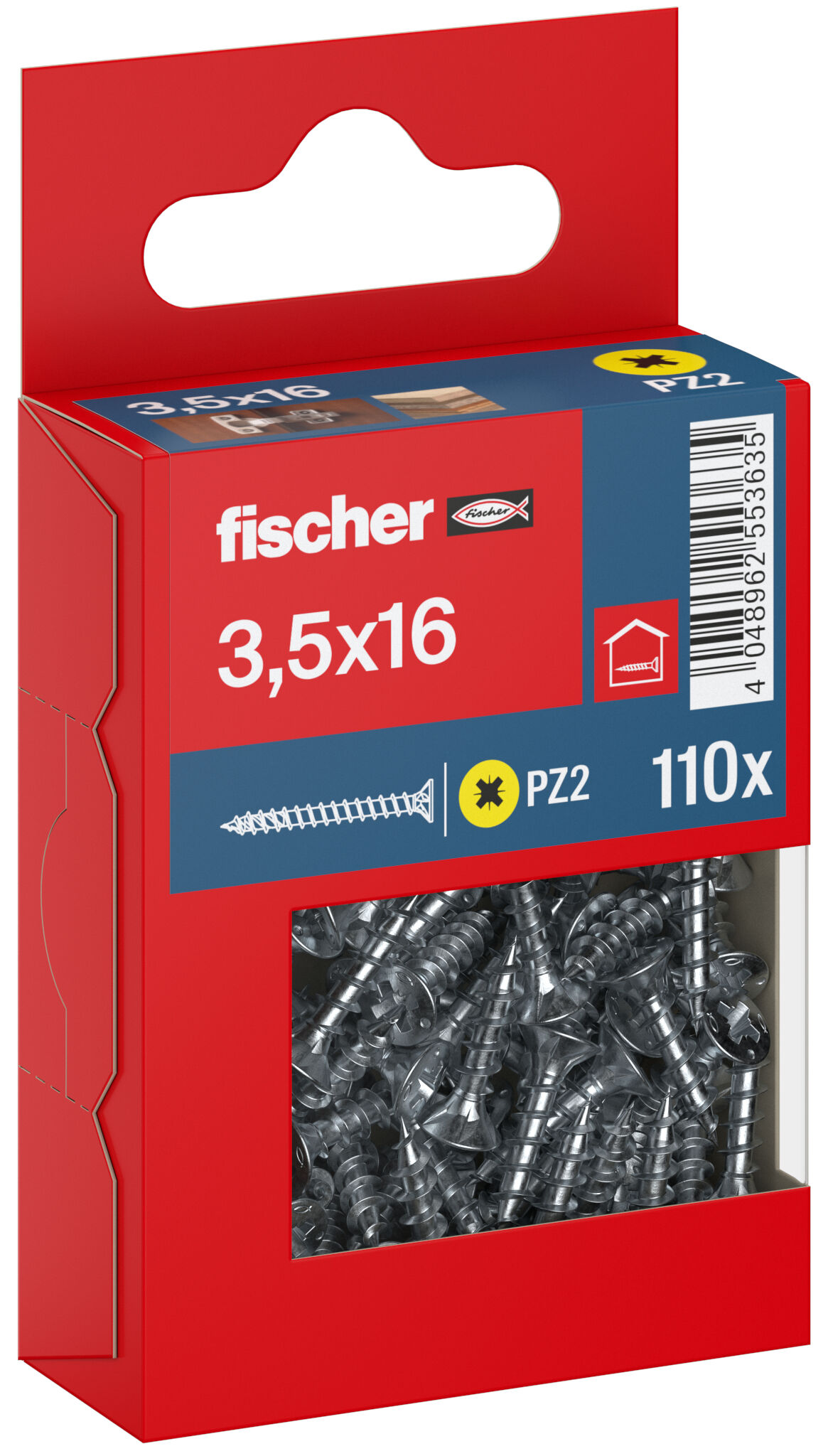 Packaging: "fischer chipboard screw PowerFast FPF II CZF 3.5 x 16 BC 110, countersunk head, cross drive PZ, full thread, blue passivated"