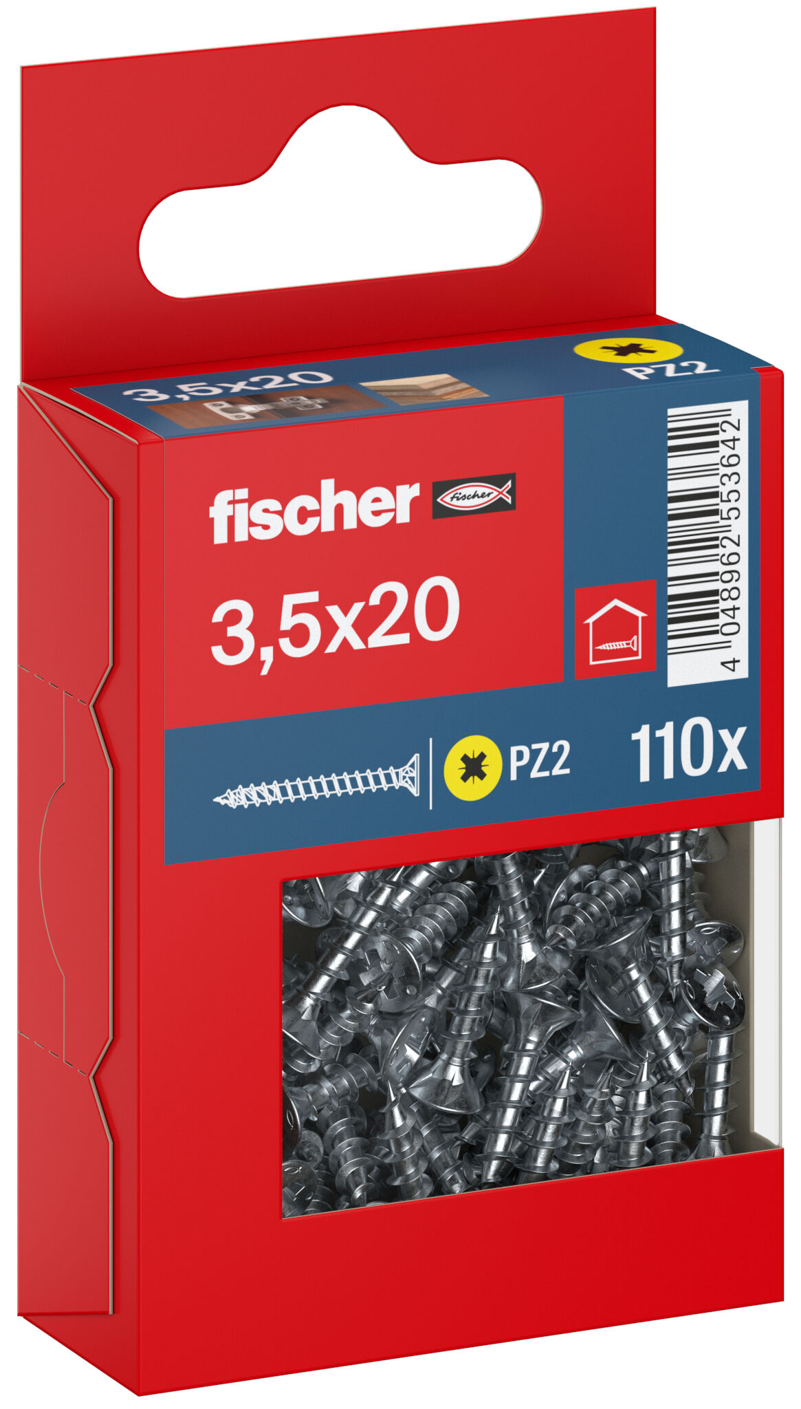 Packaging: "fischer chipboard screw PowerFast FPF II CZF 3.5 x 20 BC 110, countersunk head, cross drive PZ, full thread, blue passivated"