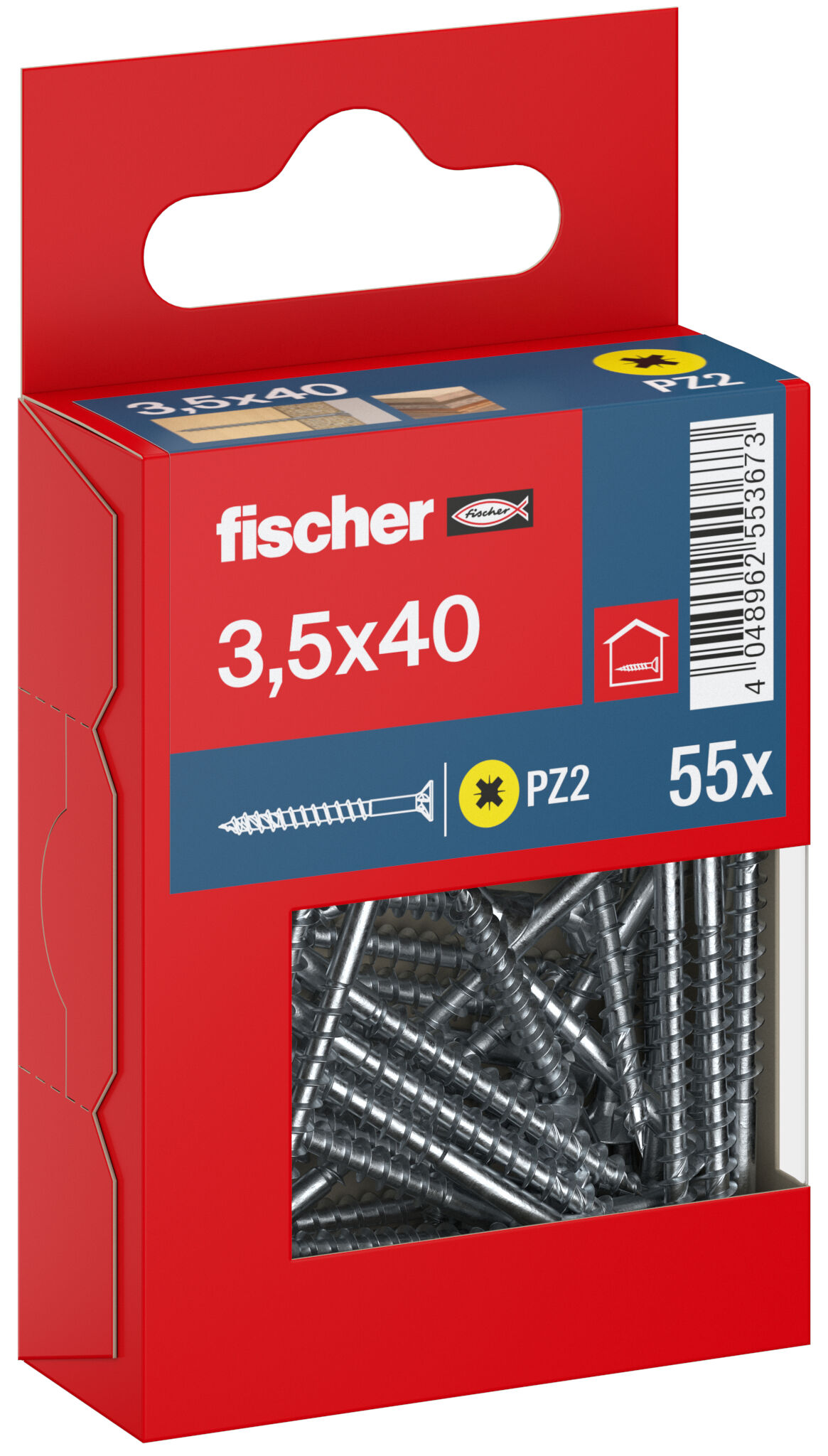 Packaging: "fischer chipboard screw PowerFast FPF II CZP 3.5 x 40 BC 55, countersunk head, cross drive PH, part thread, blue passivated"