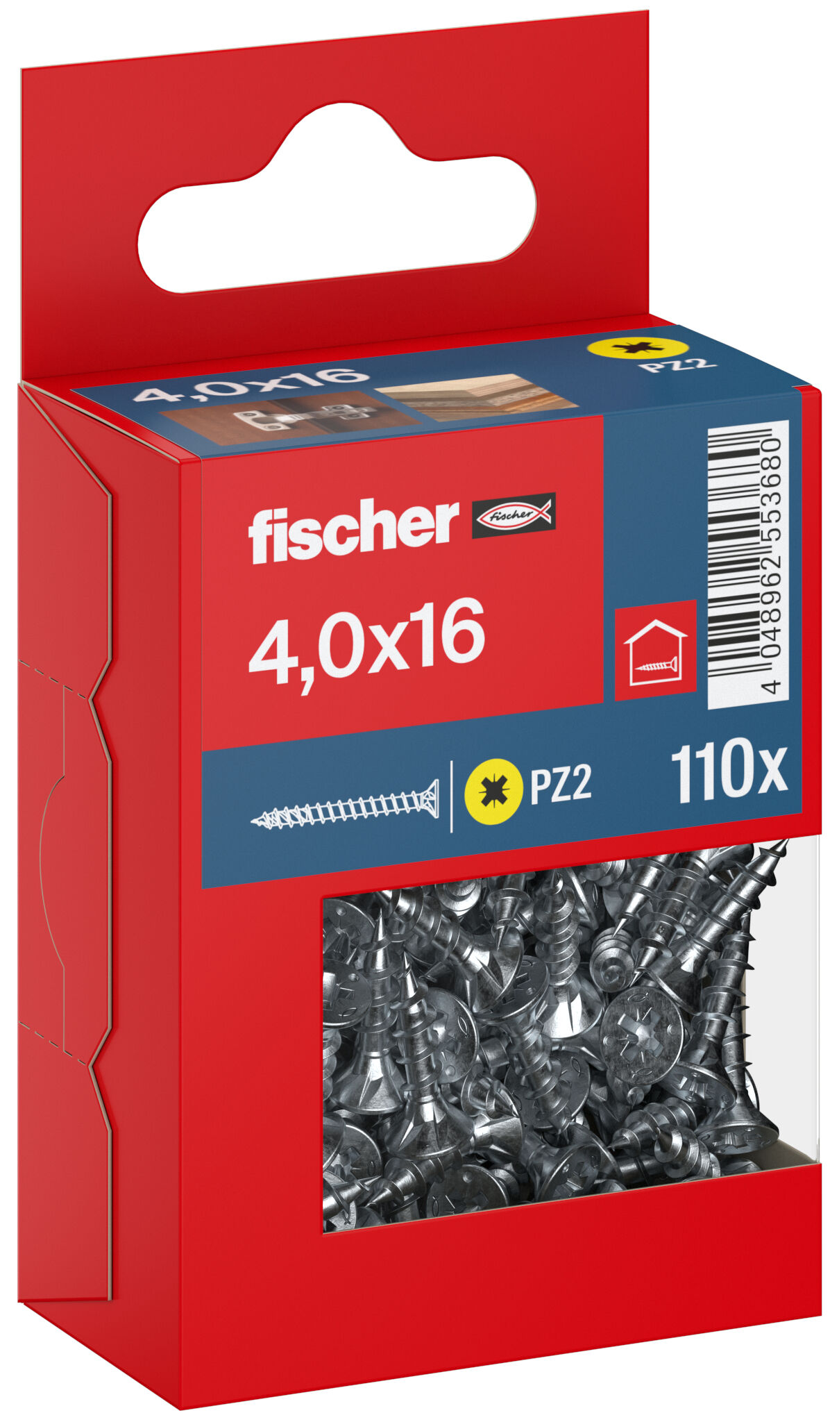 Packaging: "fischer chipboard screw PowerFast FPF II CZF 4.0 x 16 BC 110, countersunk head, cross drive PZ, full thread, blue passivated"