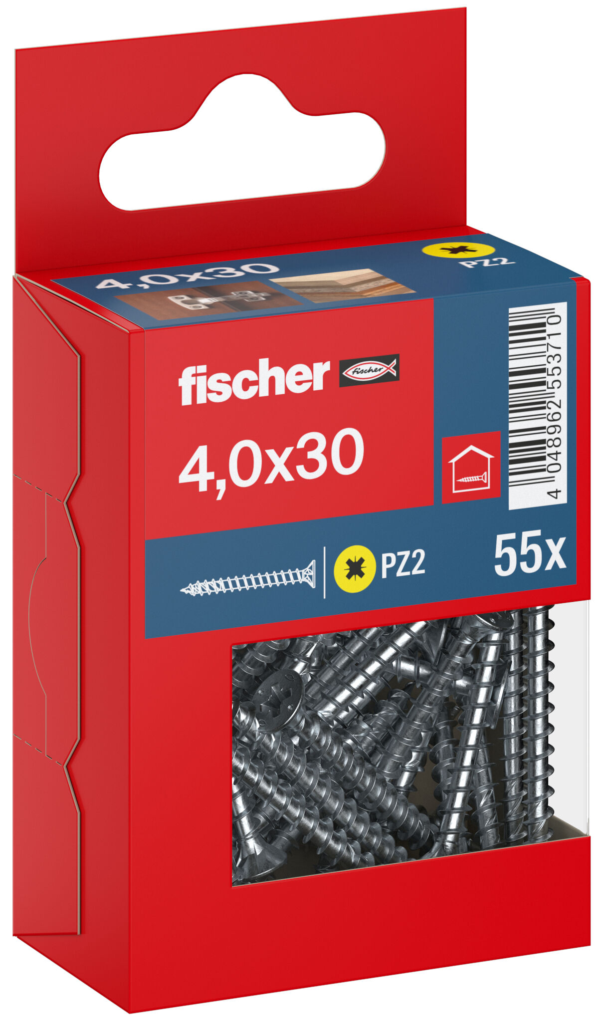 Packaging: "fischer chipboard screw PowerFast FPF II CZF 4.0 x 30 BC 55, countersunk head, cross drive PZ, full thread, blue passivated"