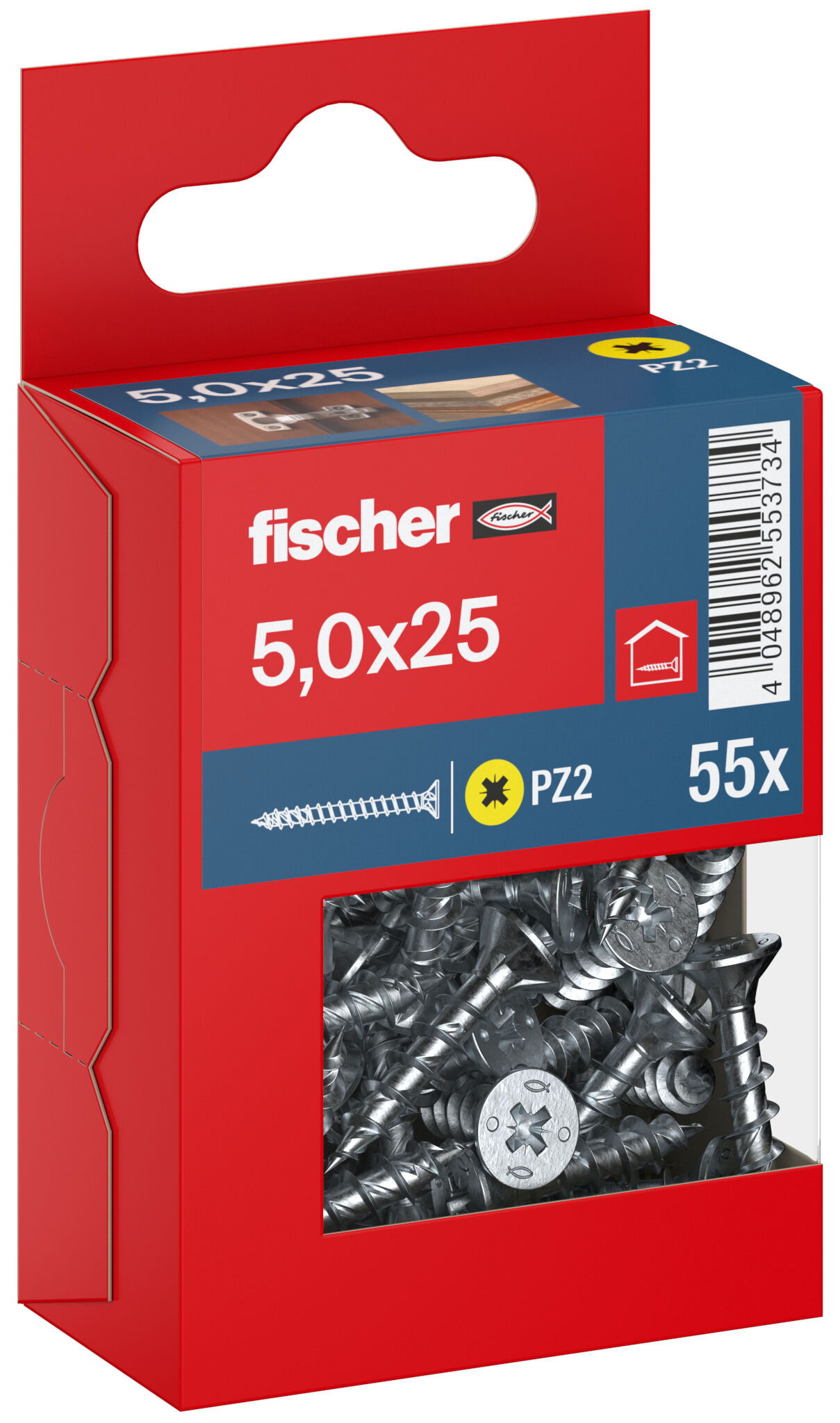 Packaging: "fischer chipboard screw PowerFast FPF II CZF 5.0 x 25 BC 55, countersunk head, cross drive PZ, full thread, blue passivated"