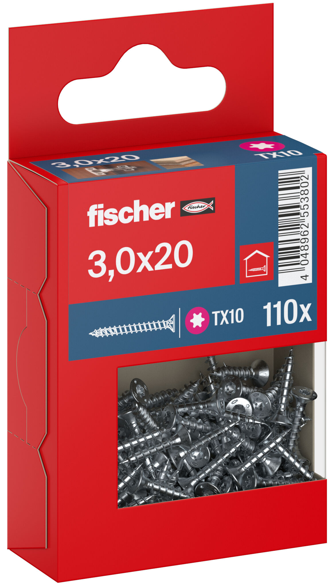 Packaging: "fischer chipboard screw PowerFast FPF II CTF 3.0 x 20 BC 110, countersunk head, TX drive, full thread, blue passivated"