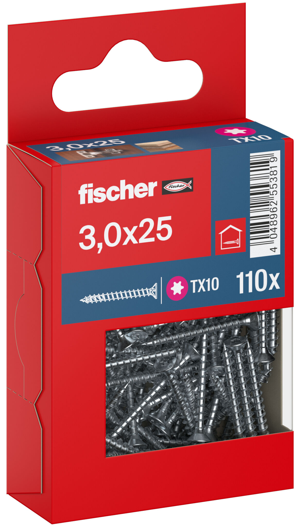 Packaging: "fischer chipboard screw PowerFast FPF II CTF 3.0 x 25 BC 110, countersunk head, TX drive, full thread, blue passivated"