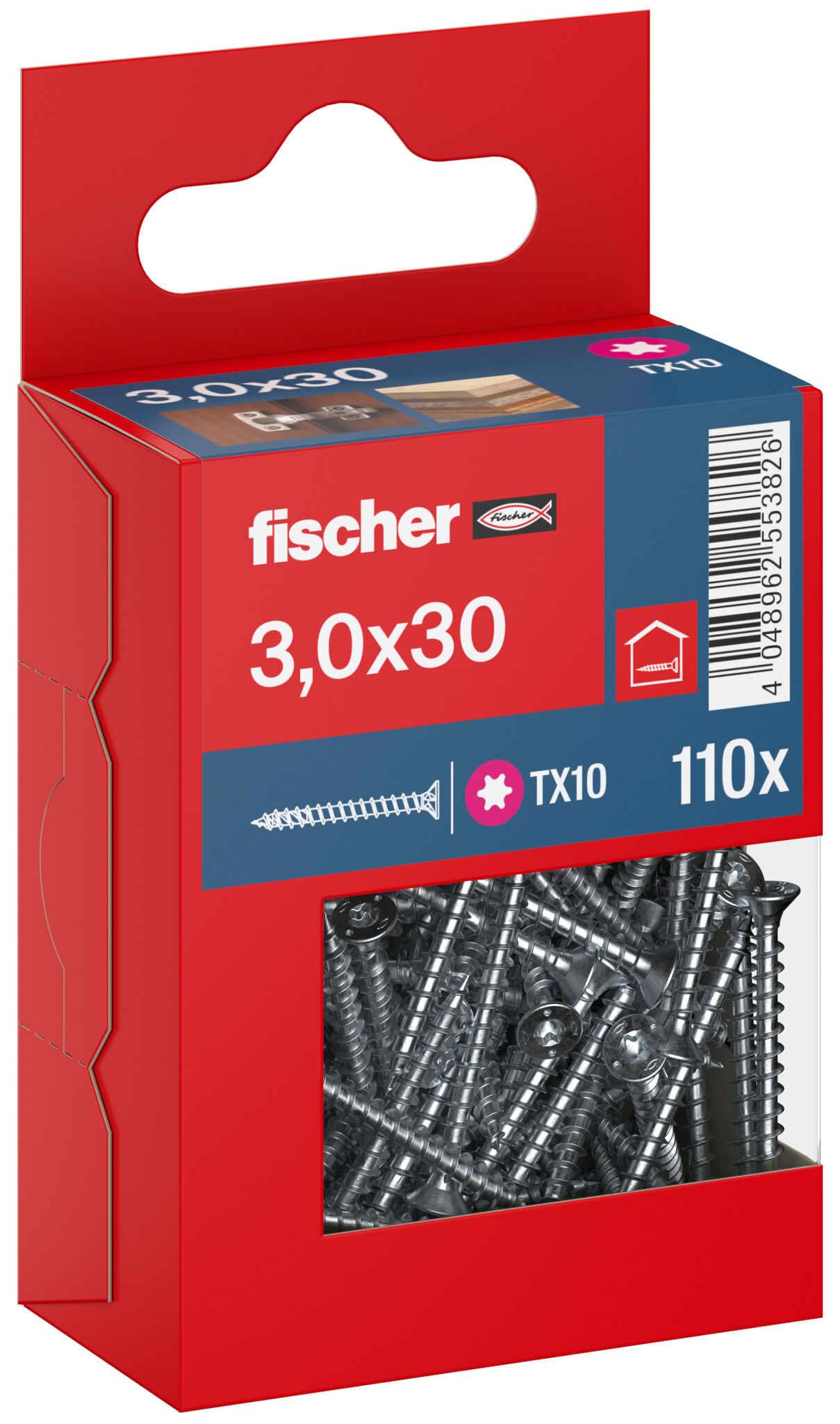 Packaging: "fischer chipboard screw PowerFast FPF II CTF 3.0 x 30 BC 110, countersunk head, TX drive, full thread, blue passivated"