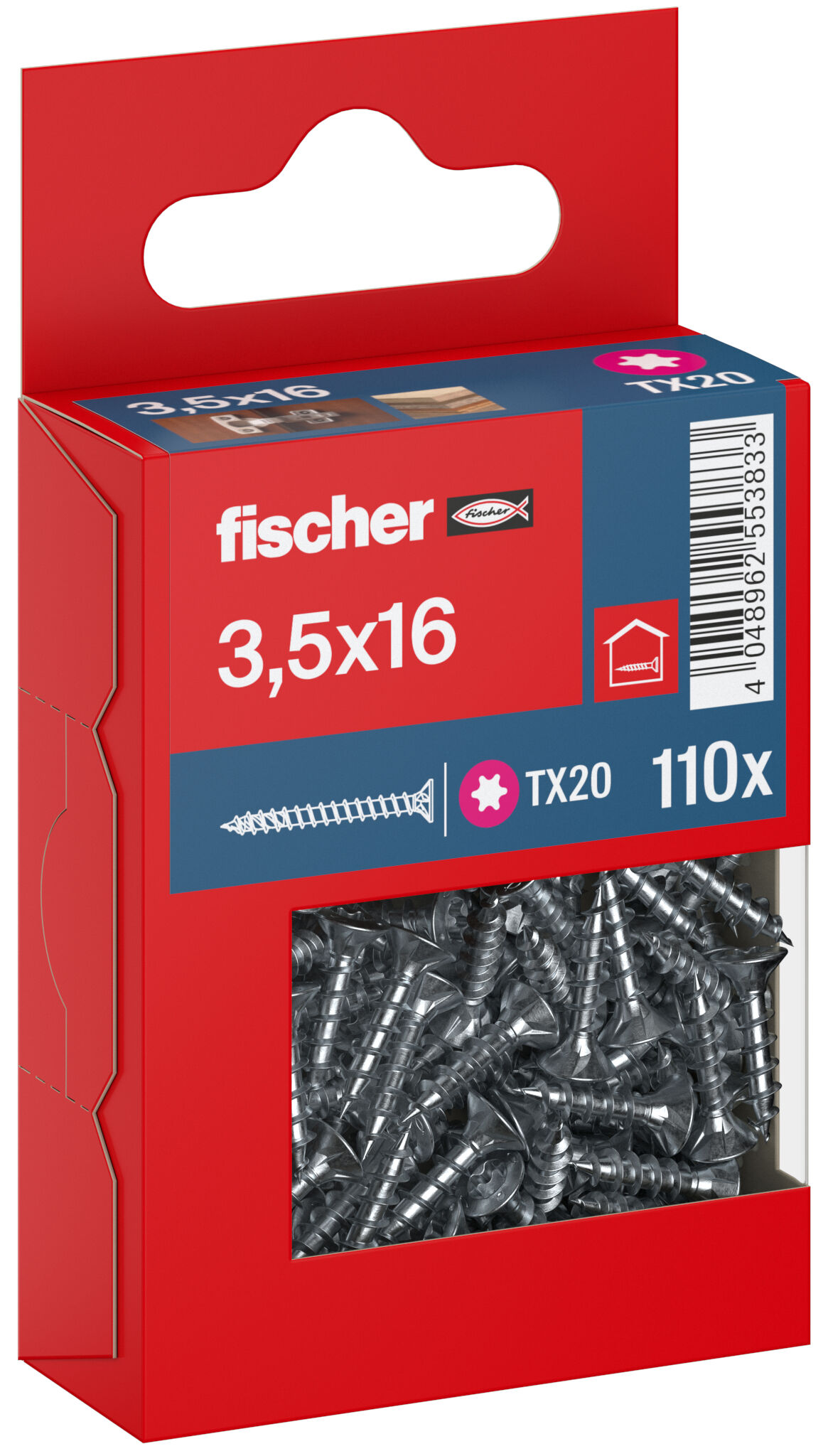 Packaging: "fischer chipboard screw PowerFast FPF II CTF 3.5 x 16 BC 110, countersunk head, TX drive, full thread, blue passivated"