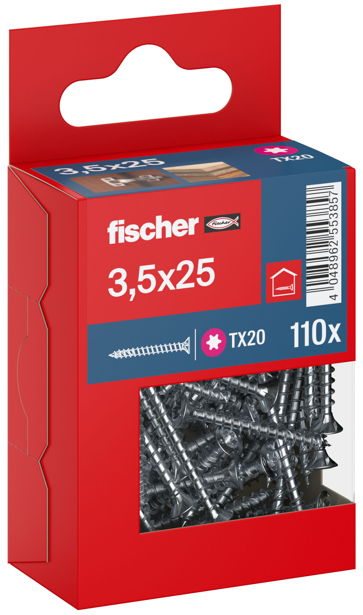 Packaging: "fischer chipboard screw PowerFast FPF II CTF 3.5 x 25 BC 110, countersunk head, TX drive, full thread, blue passivated"