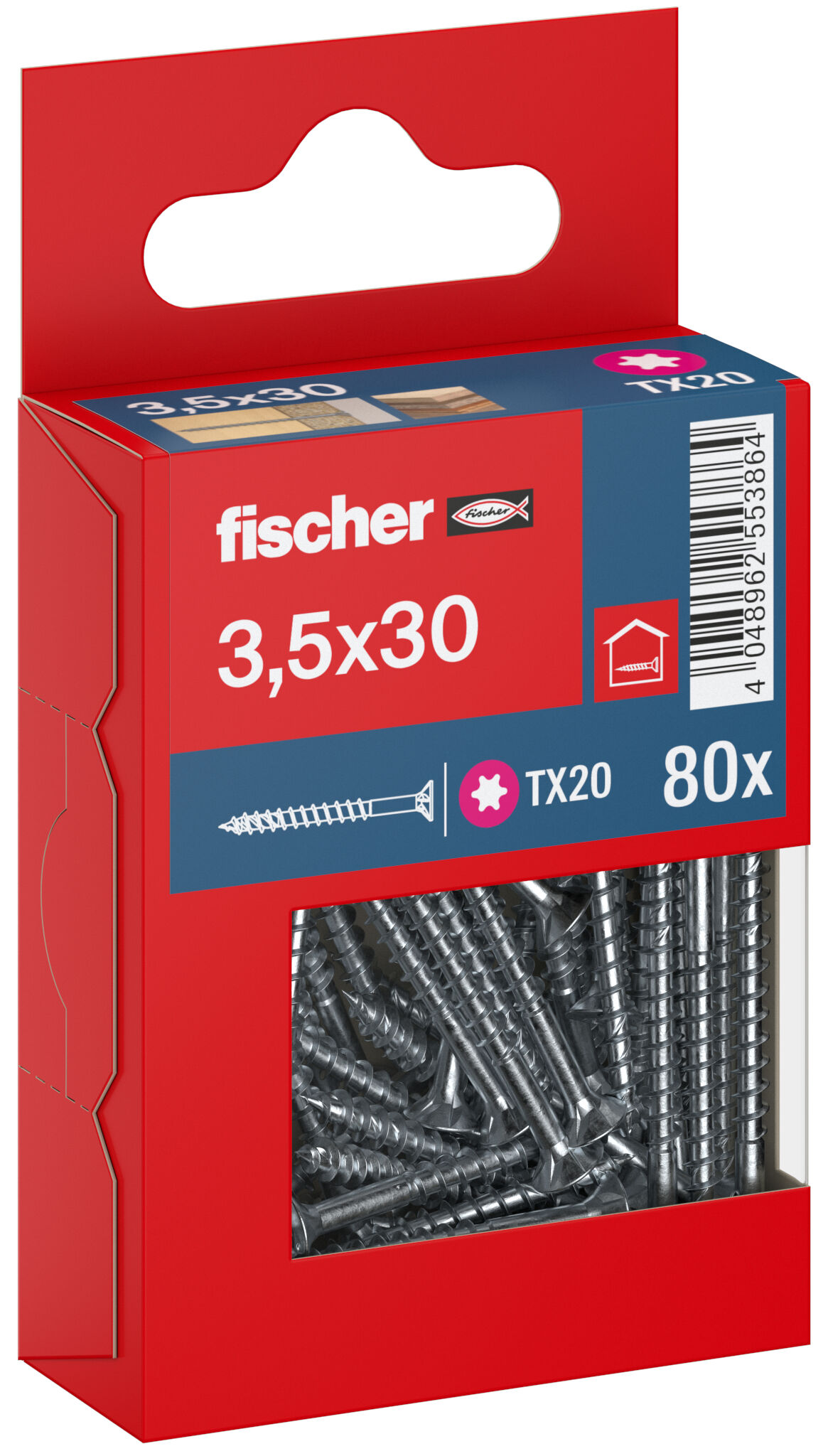 Packaging: "fischer chipboard screw PowerFast FPF II CTF 3.5 x 30 BC 80, countersunk head, TX drive, part thread, blue passivated"