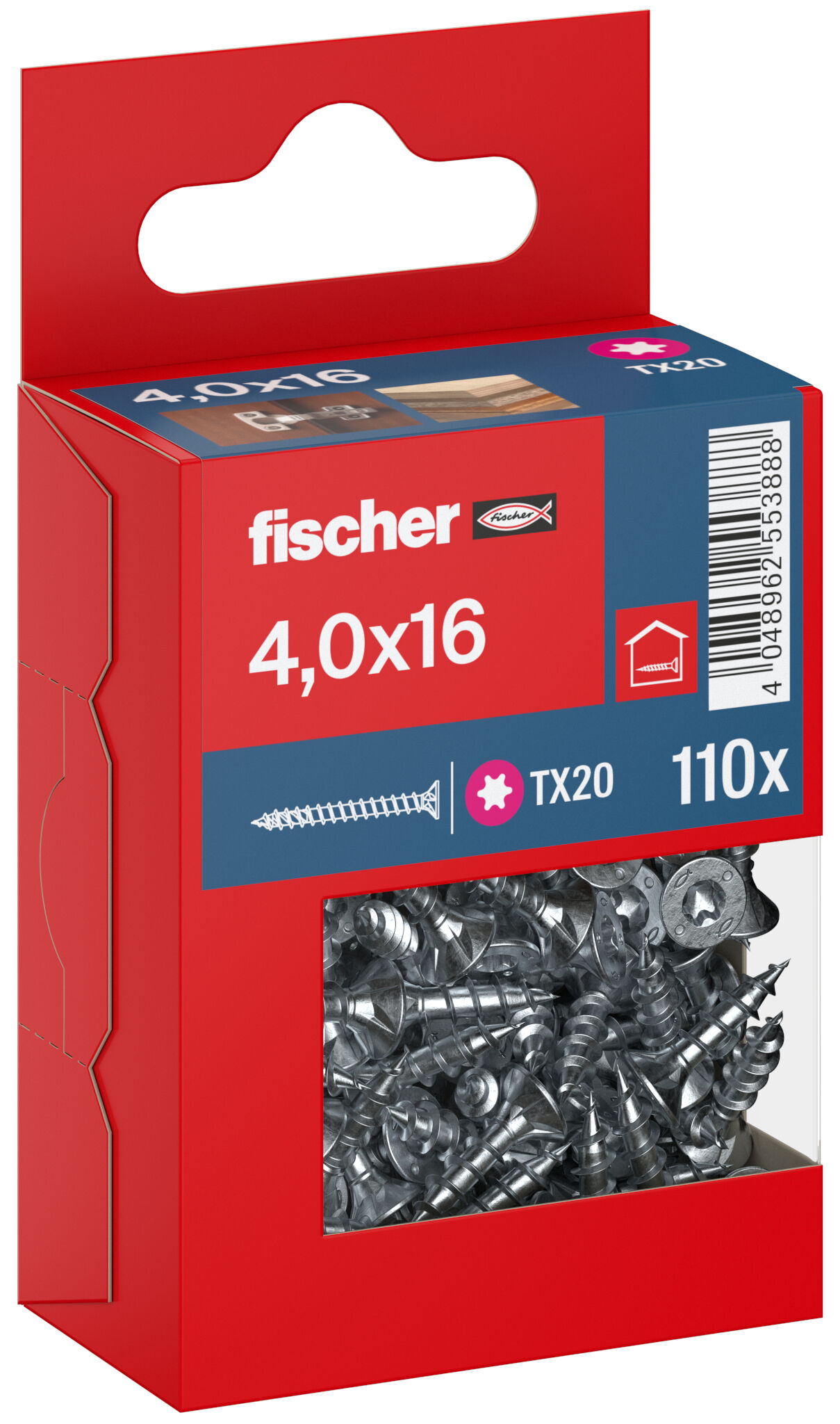 Packaging: "fischer chipboard screw PowerFast FPF II CTF 4.0 x 16 BC 110, countersunk head, TX drive, full thread, blue passivated"