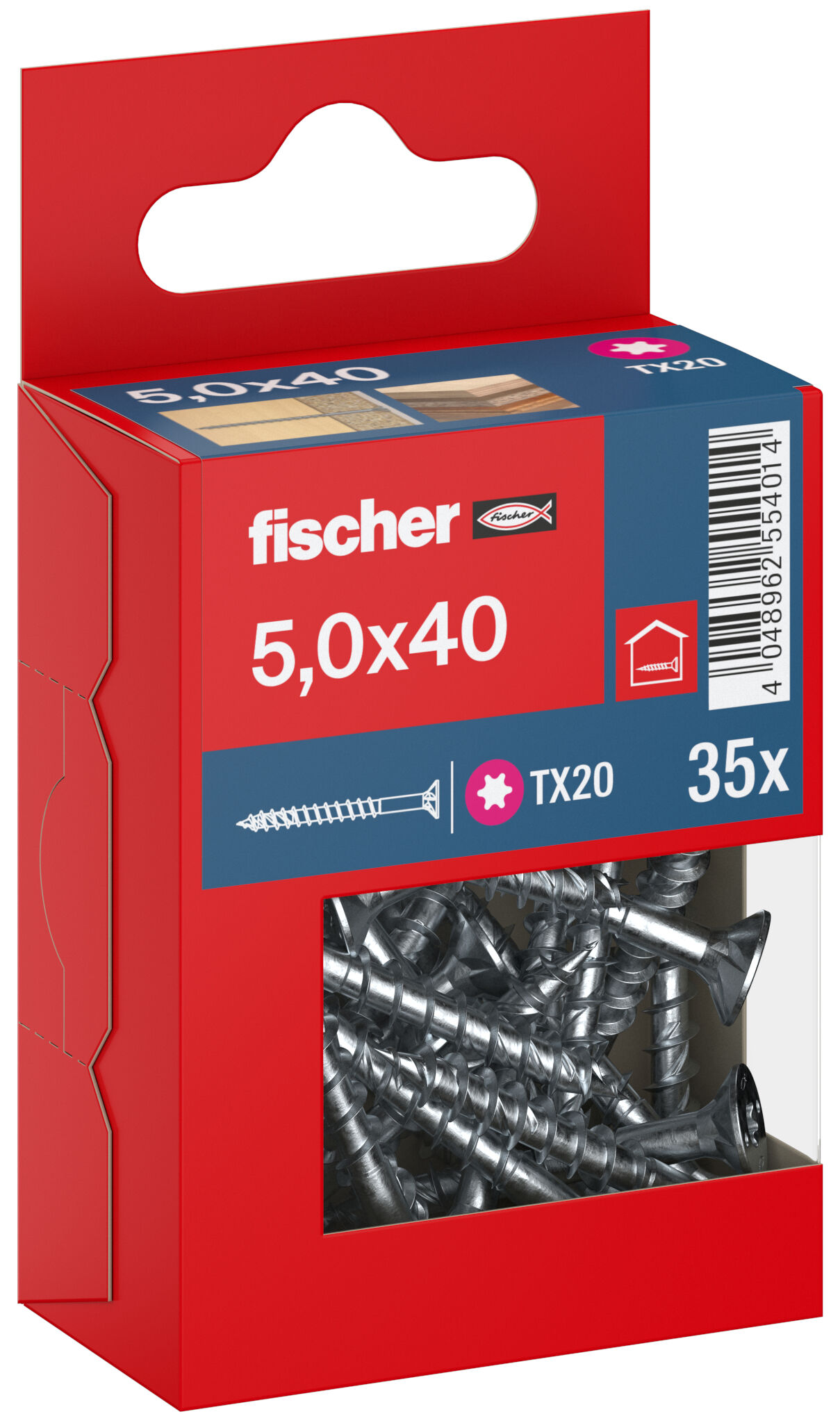 Packaging: "fischer chipboard screw PowerFast FPF II CTP 5.0 x 40 BC 35, countersunk head, TX drive, part thread, blue passivated"