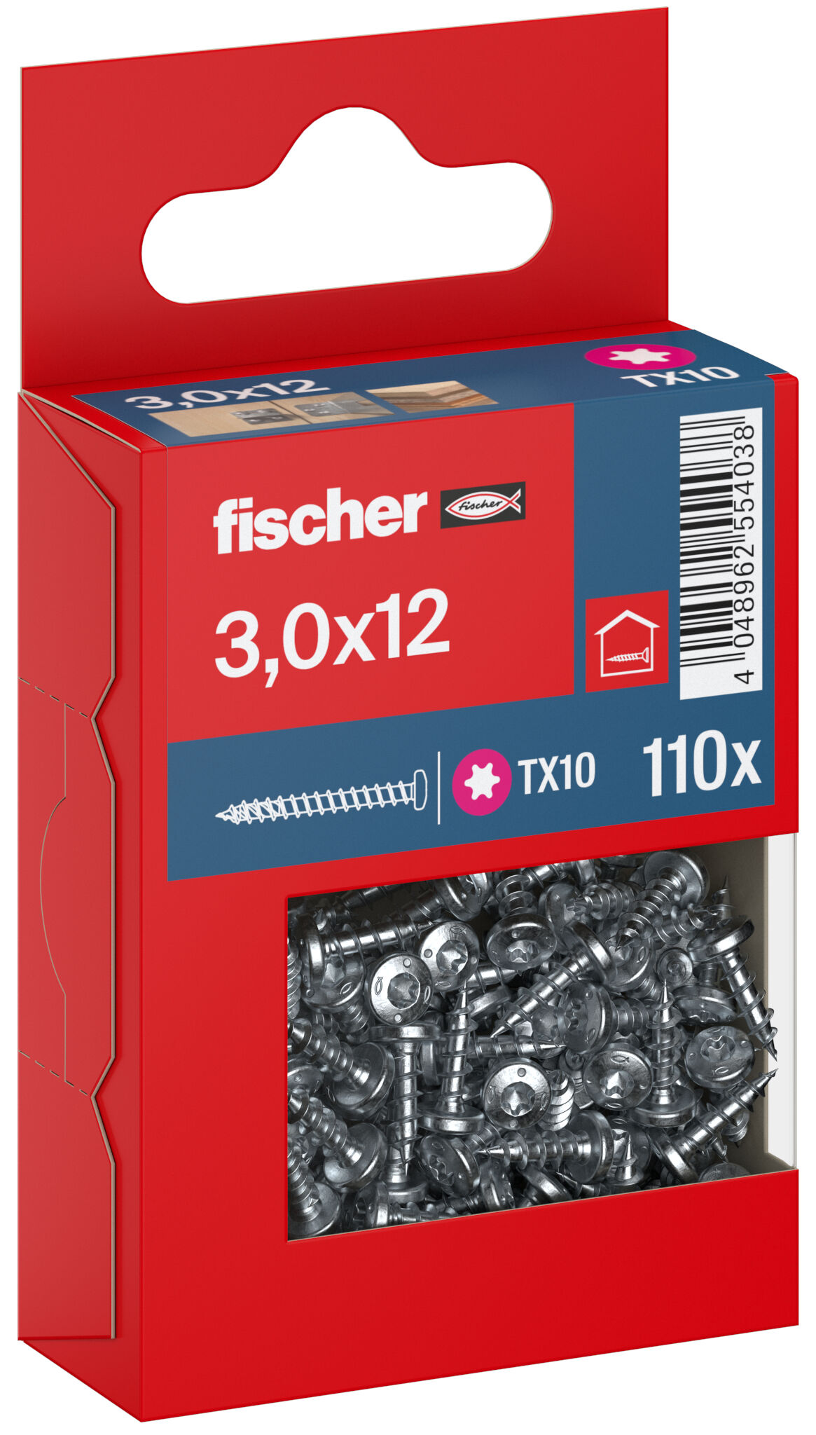 Packaging: "fischer chipboard screw PowerFast FPF II PTF 3.0 x 12 BC 110, pan head, TX drive, full thread, blue passivated"
