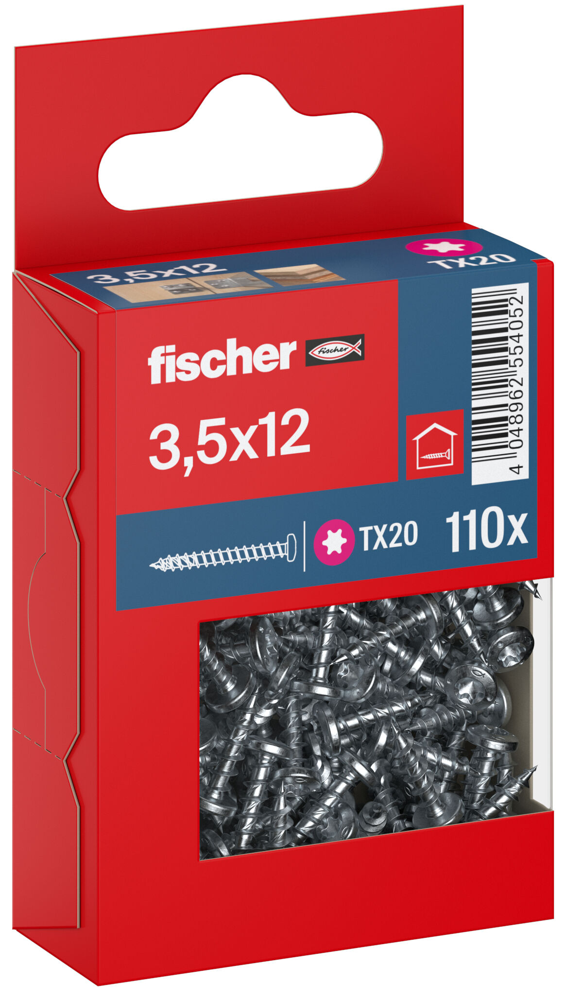 Packaging: "fischer chipboard screw PowerFast FPF II PTF 3.5 x 12 BC 110, pan head, TX drive, full thread, blue passivated"