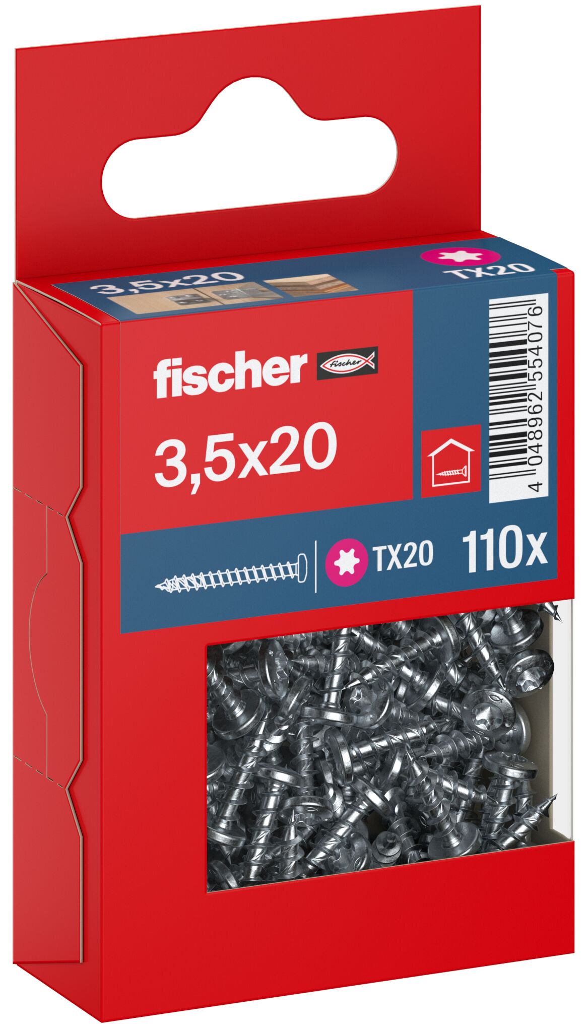 Packaging: "fischer chipboard screw PowerFast FPF II PTF 3.5 x 20 BC 110, pan head, TX drive, full thread, blue passivated"
