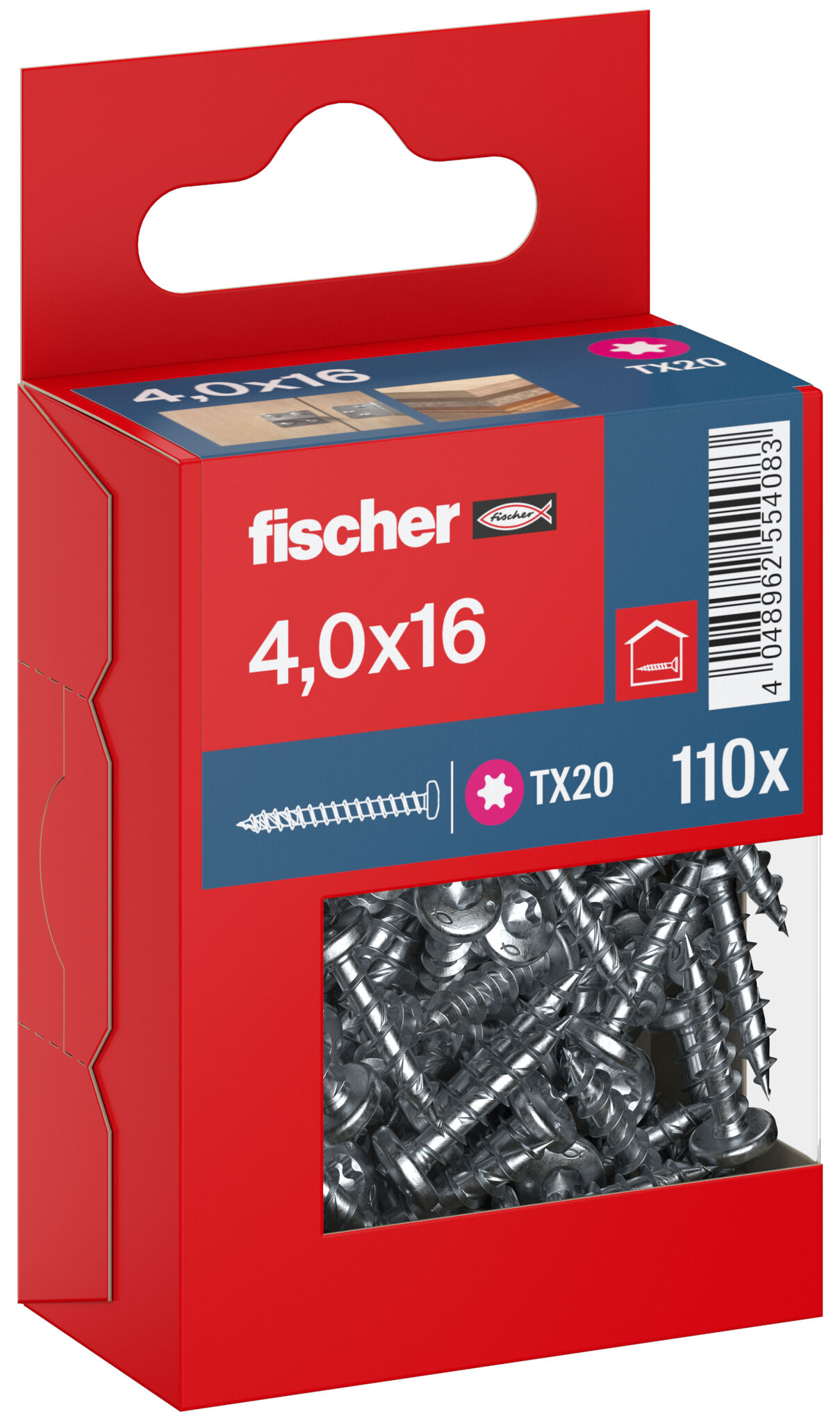 Packaging: "fischer chipboard screw PowerFast FPF II PTF 4.0 x 16 BC 110, pan head, TX drive, full thread, blue passivated"