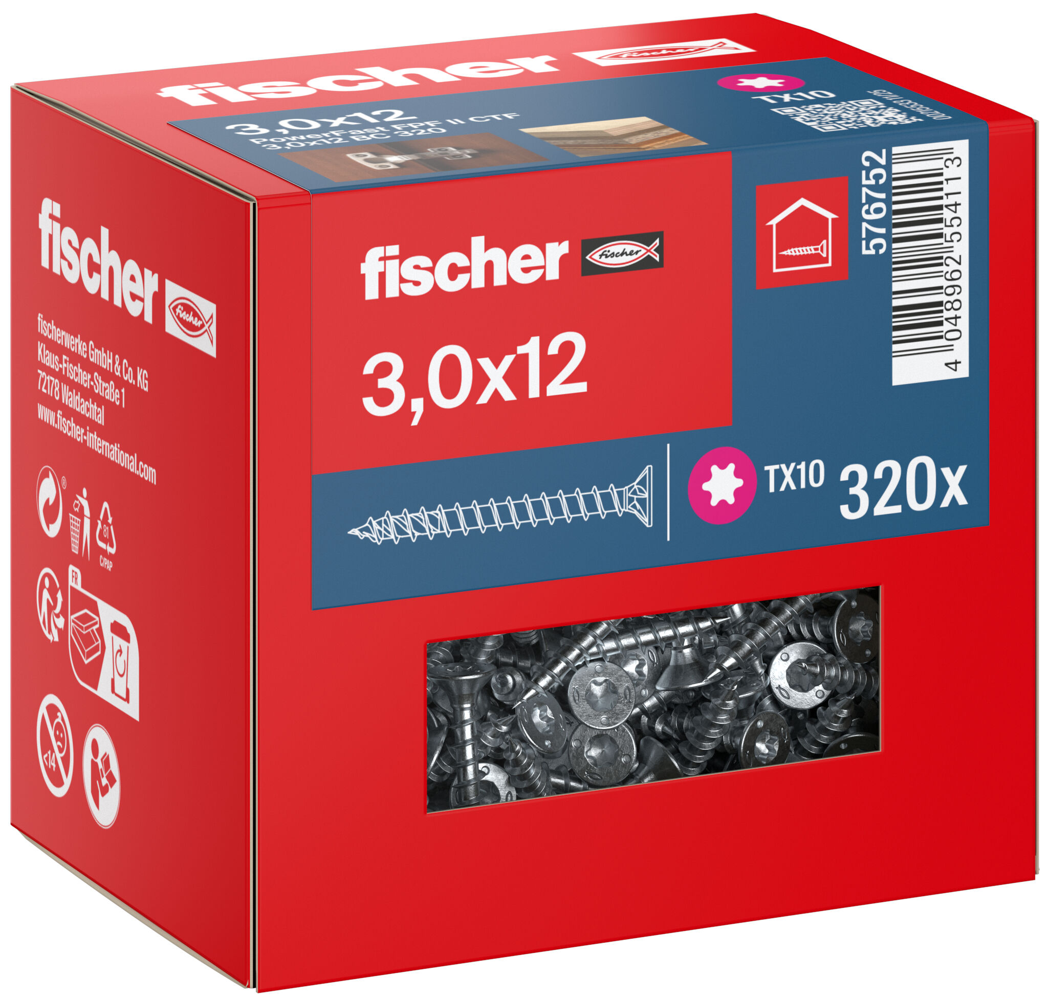 Packaging: "fischer chipboard screw PowerFast FPF II CTF 3.0 x 12 BC 320, countersunk head, TX drive, full thread, blue passivated"