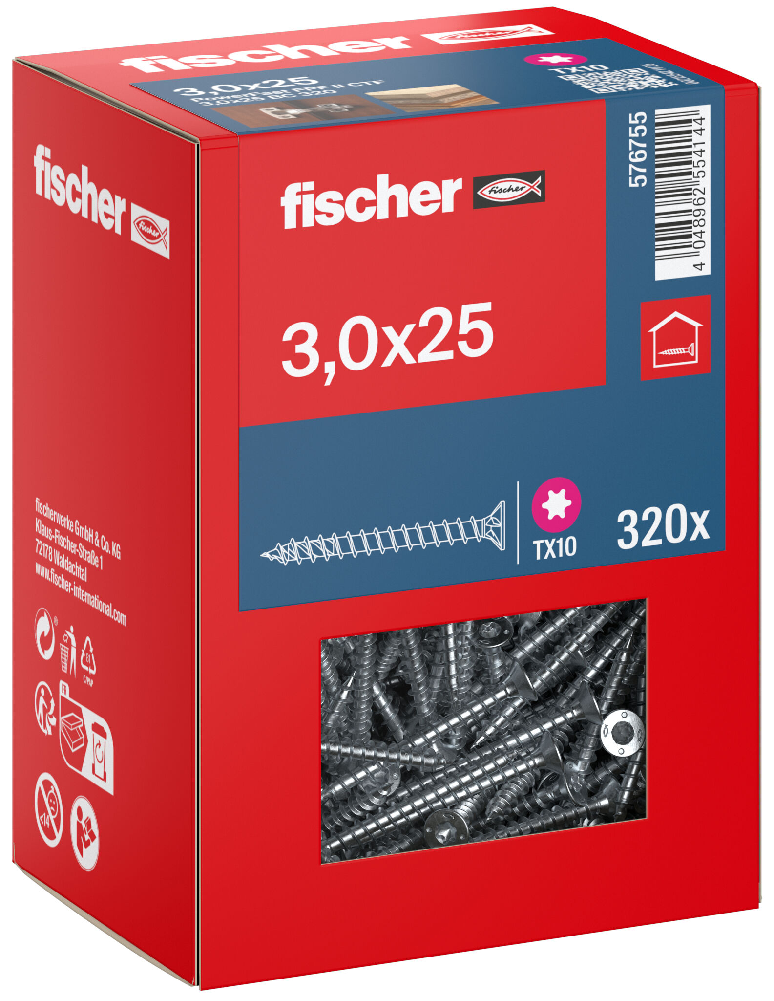 Packaging: "fischer chipboard screw PowerFast FPF II CTF 3.0 x 25 BC 320, countersunk head, TX drive, full thread, blue passivated"