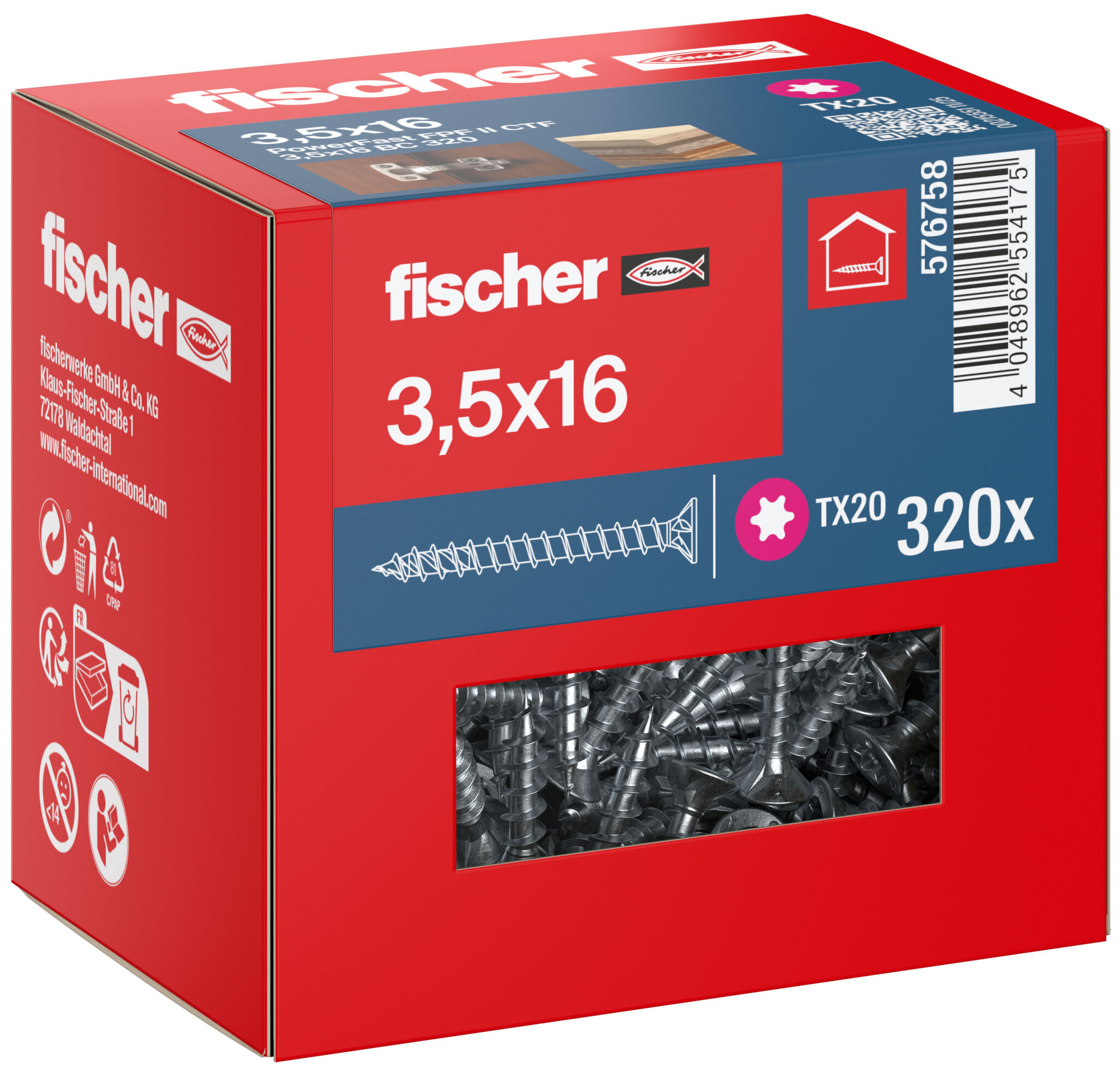 Packaging: "fischer chipboard screw PowerFast FPF II CTF 3.5 x 16 BC 320, countersunk head, TX drive, full thread, blue passivated"